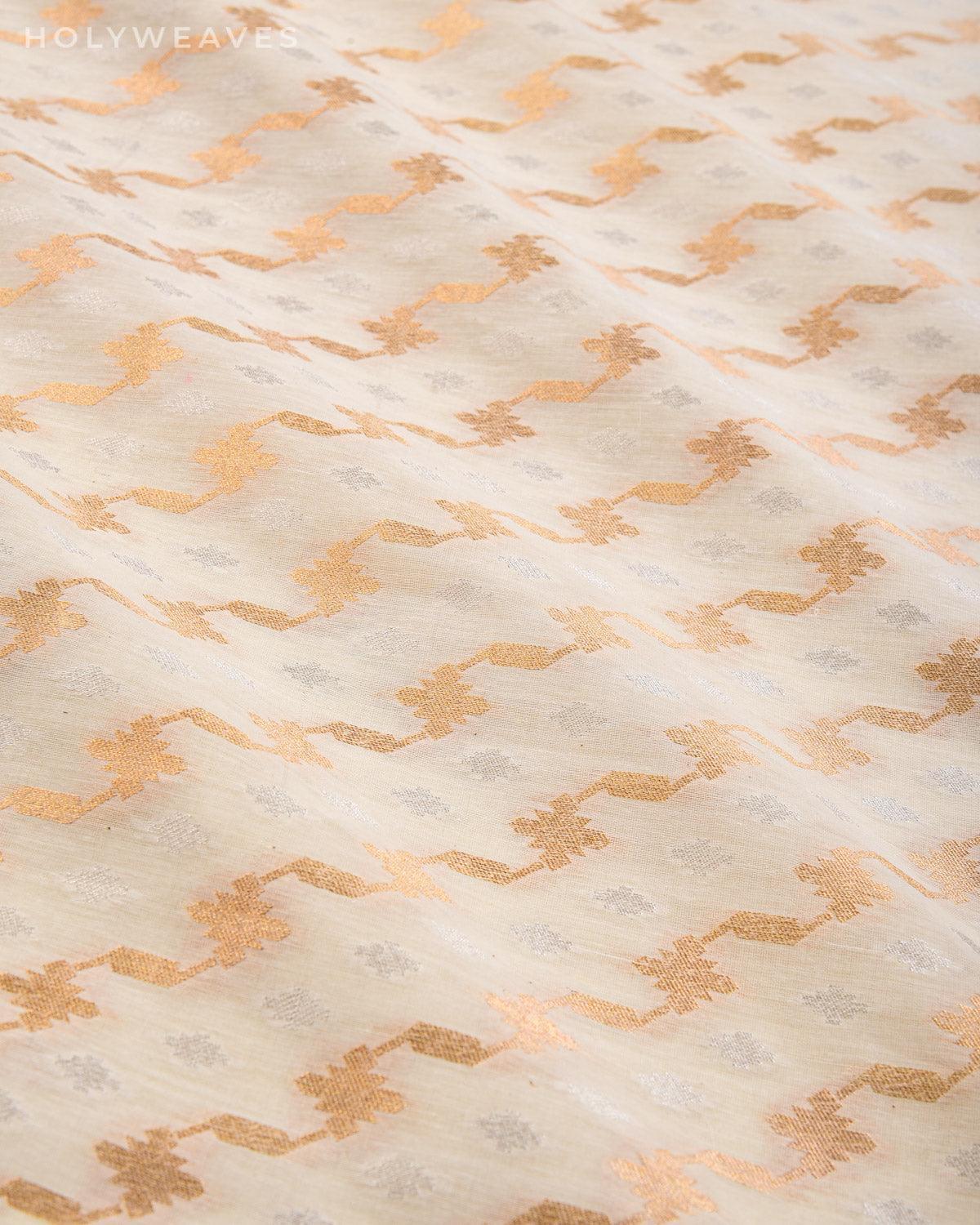 White Banarasi Sona Rupa Leheriya Cutwork Brocade Handwoven Cotton Silk Fabric - By HolyWeaves, Benares