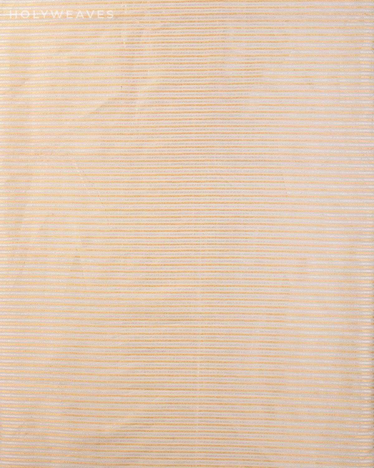 White Banarasi Sona Rupa Stripes Brocade Handwoven Cotton Silk Fabric - By HolyWeaves, Benares