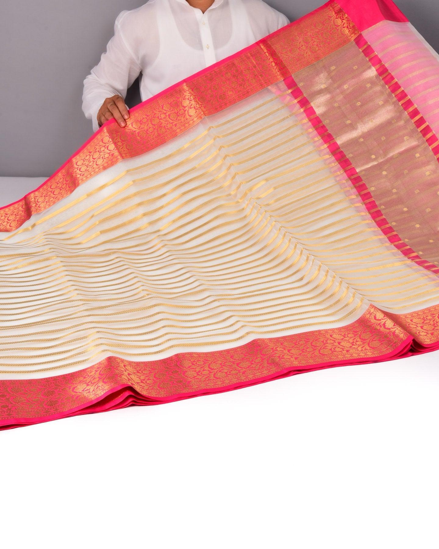 White Banarasi Stripes Cutwork Brocade Woven Art Kora Silk Saree with Contrast Pink Border Pallu - By HolyWeaves, Benares