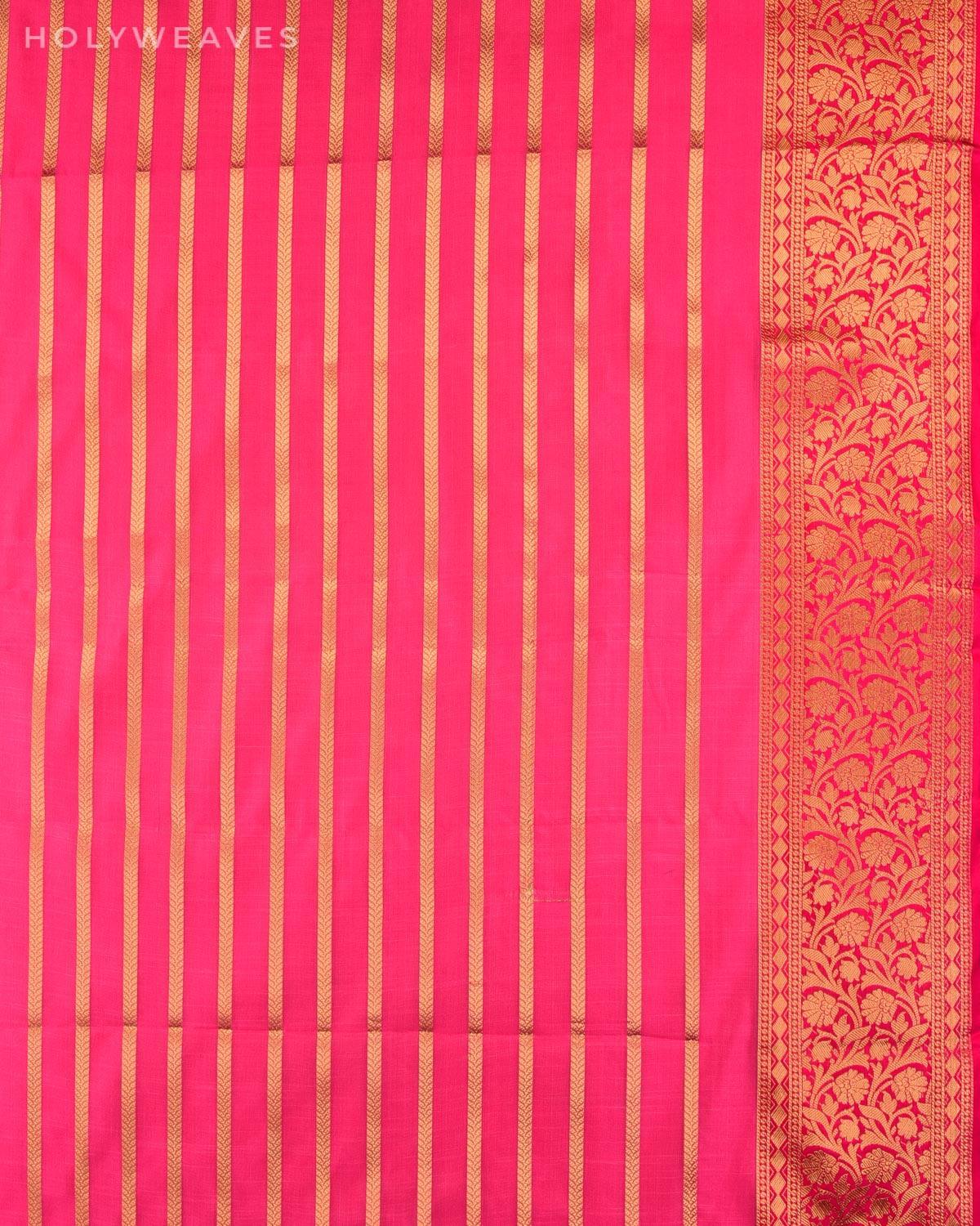 White Banarasi Stripes Cutwork Brocade Woven Art Kora Silk Saree with Contrast Pink Border Pallu - By HolyWeaves, Benares