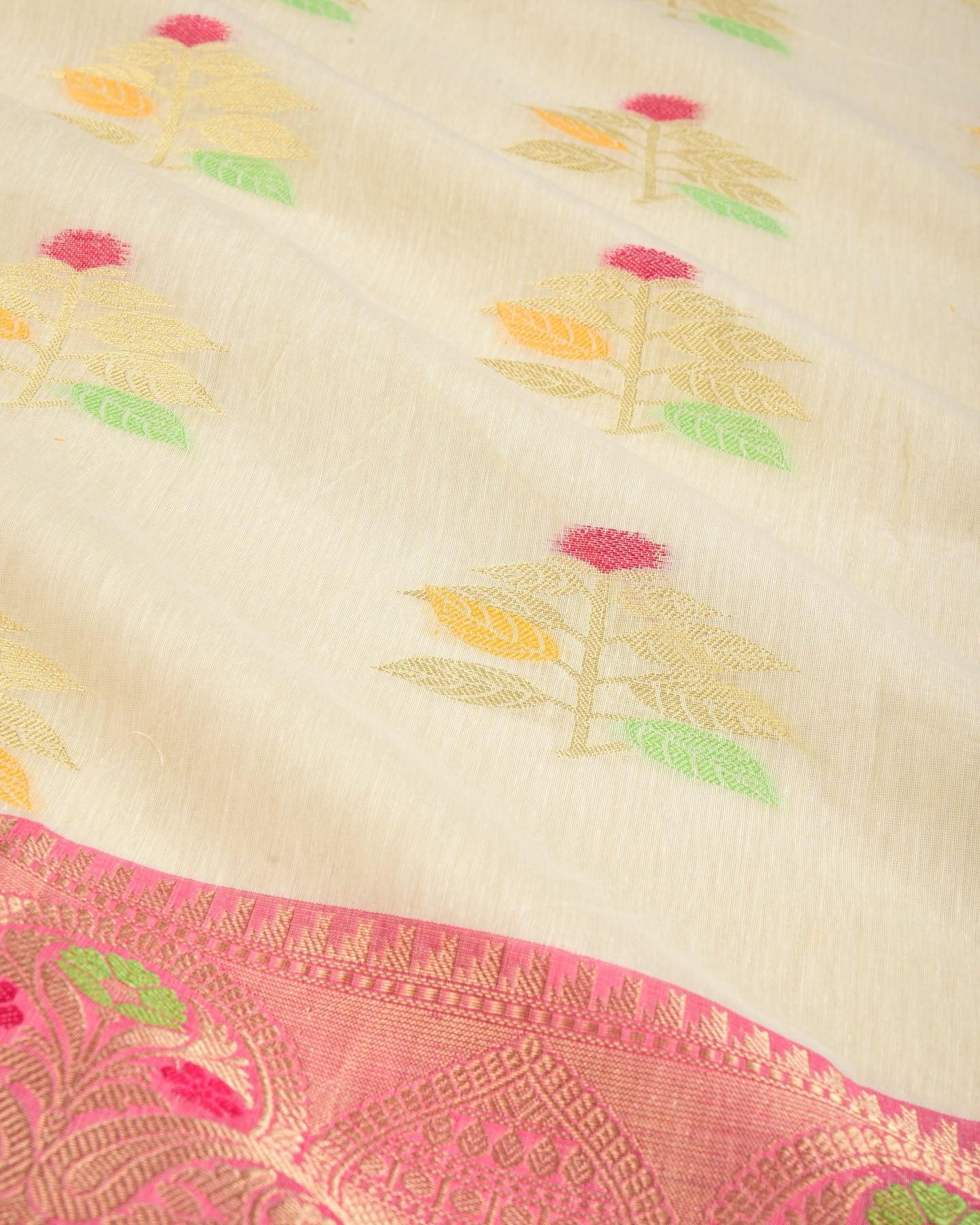 White Banarasi Tehra Sona Rupa Zari Floral Buta Cutwork Brocade Woven Cotton Silk Saree with Contrast Pink Border - By HolyWeaves, Benares