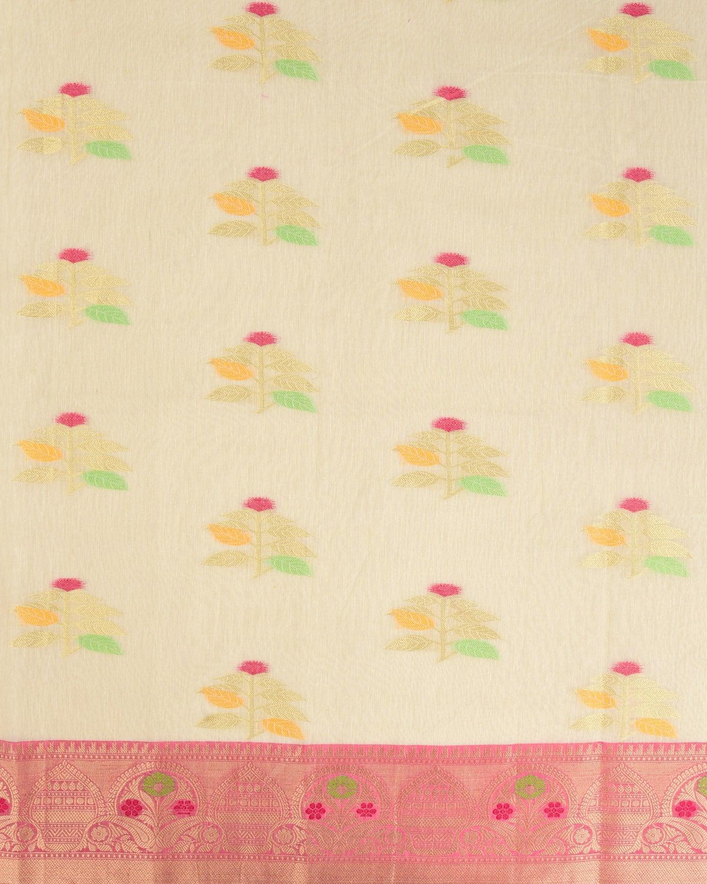 White Banarasi Tehra Sona Rupa Zari Floral Buta Cutwork Brocade Woven Cotton Silk Saree with Contrast Pink Border - By HolyWeaves, Benares