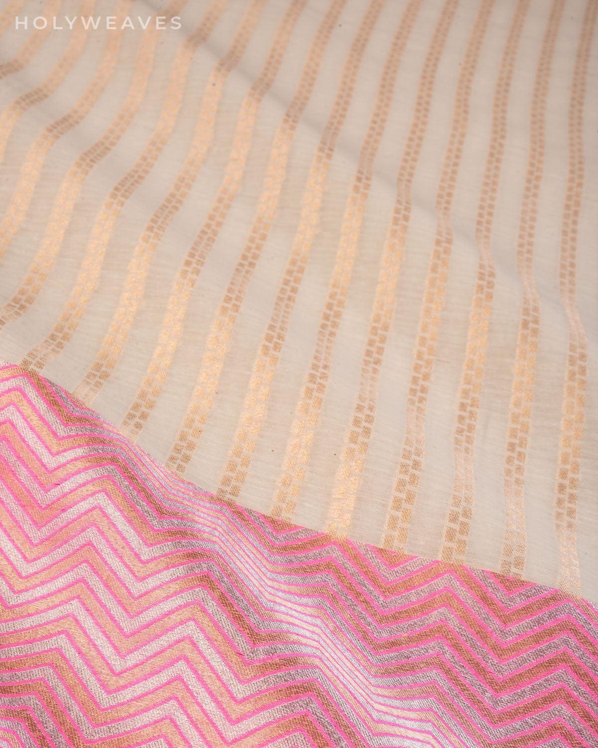 White Banarasi Zari Stripes Cutwork Brocade Handwoven Cotton Silk Dupatta - By HolyWeaves, Benares