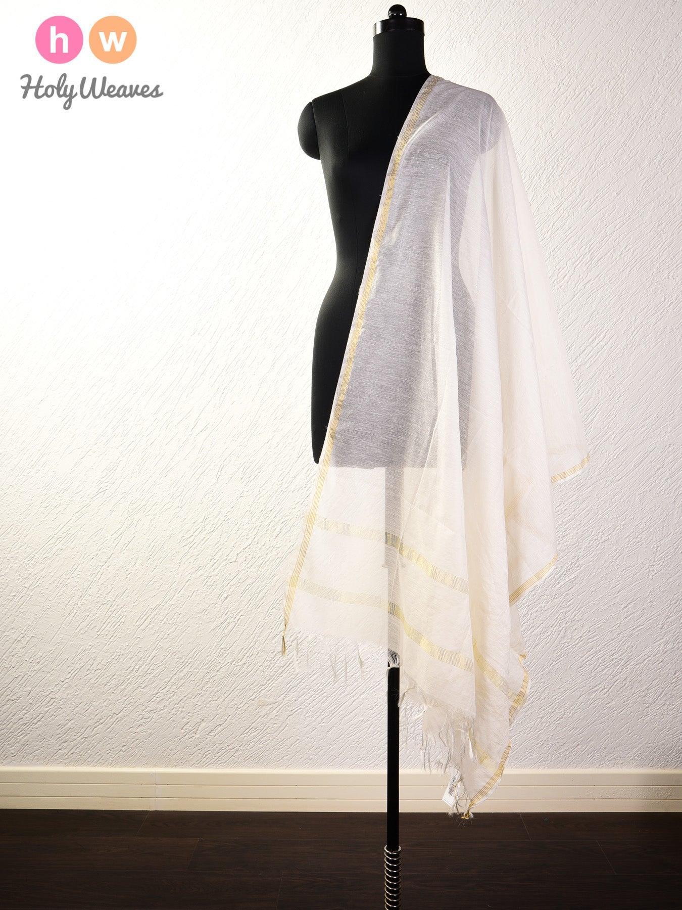 White Woven Cotton Silk Dupatta - By HolyWeaves, Benares
