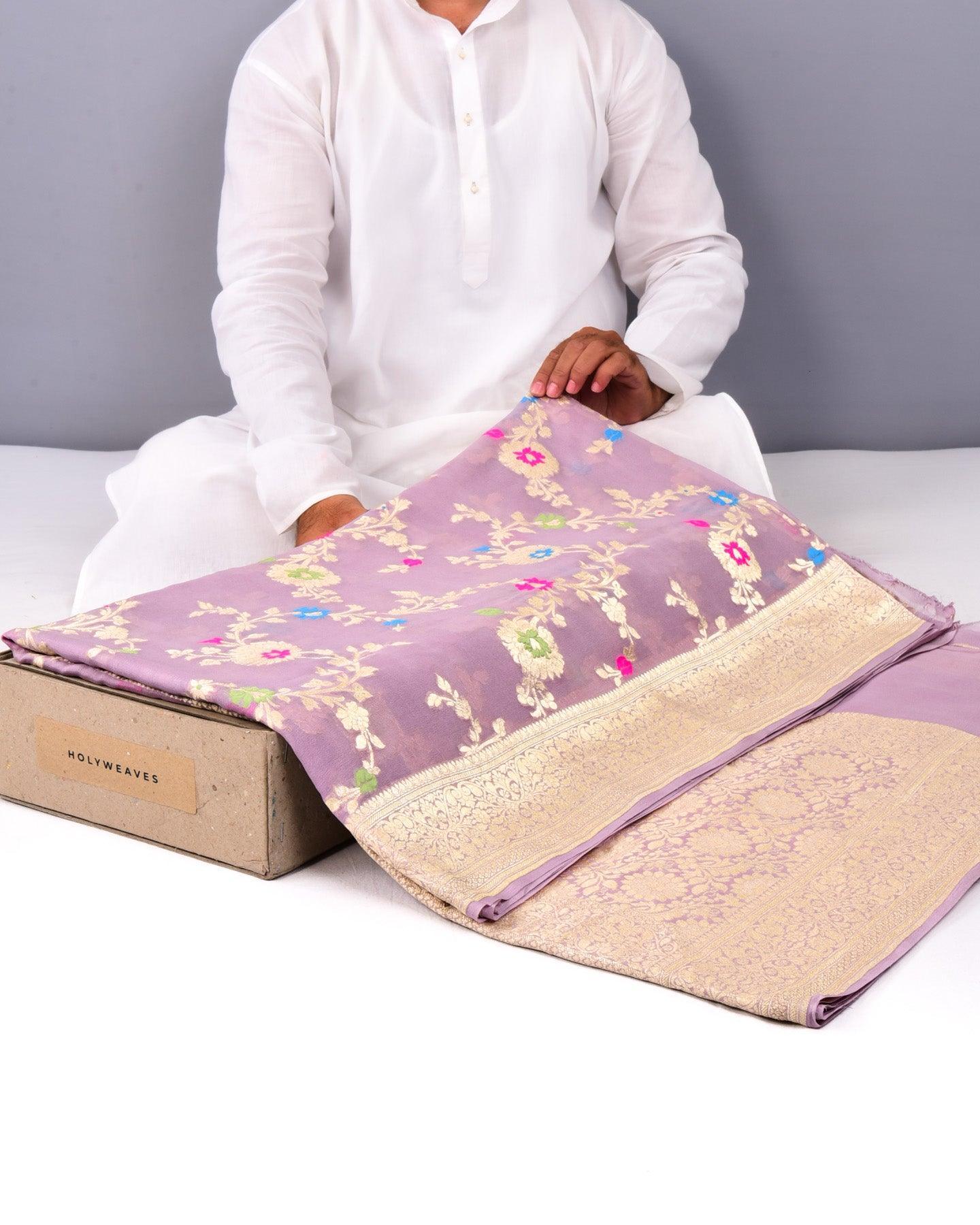 Wisteria Mauve Banarasi 4-color Meena Jaal Cutwork Brocade Handwoven Khaddi Georgette Saree - By HolyWeaves, Benares