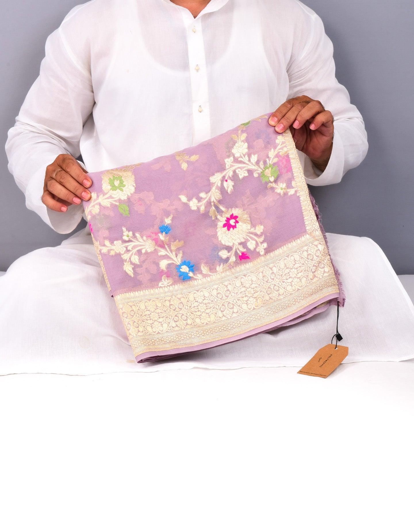 Wisteria Mauve Banarasi 4-color Meena Jaal Cutwork Brocade Handwoven Khaddi Georgette Saree - By HolyWeaves, Benares