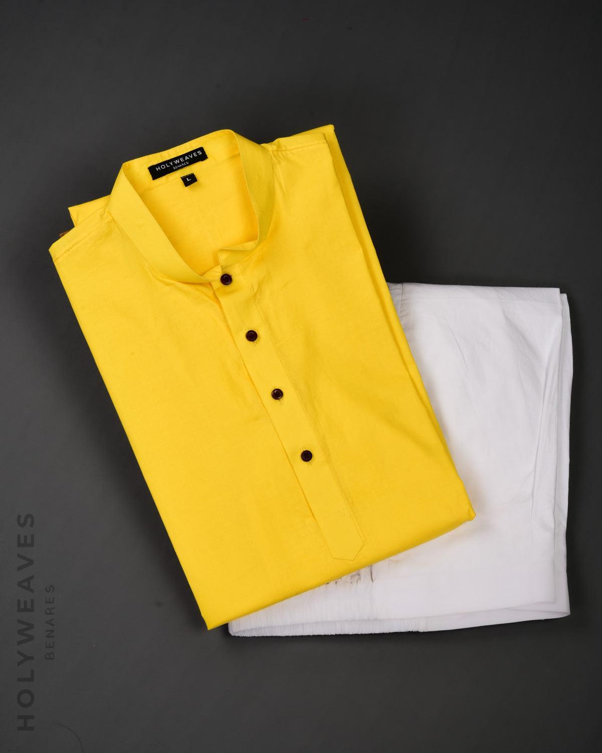 Yellow Addhi Cotton Mens Kurta Pyjama with Haath Ki Jaali Shoulder - By HolyWeaves, Benares