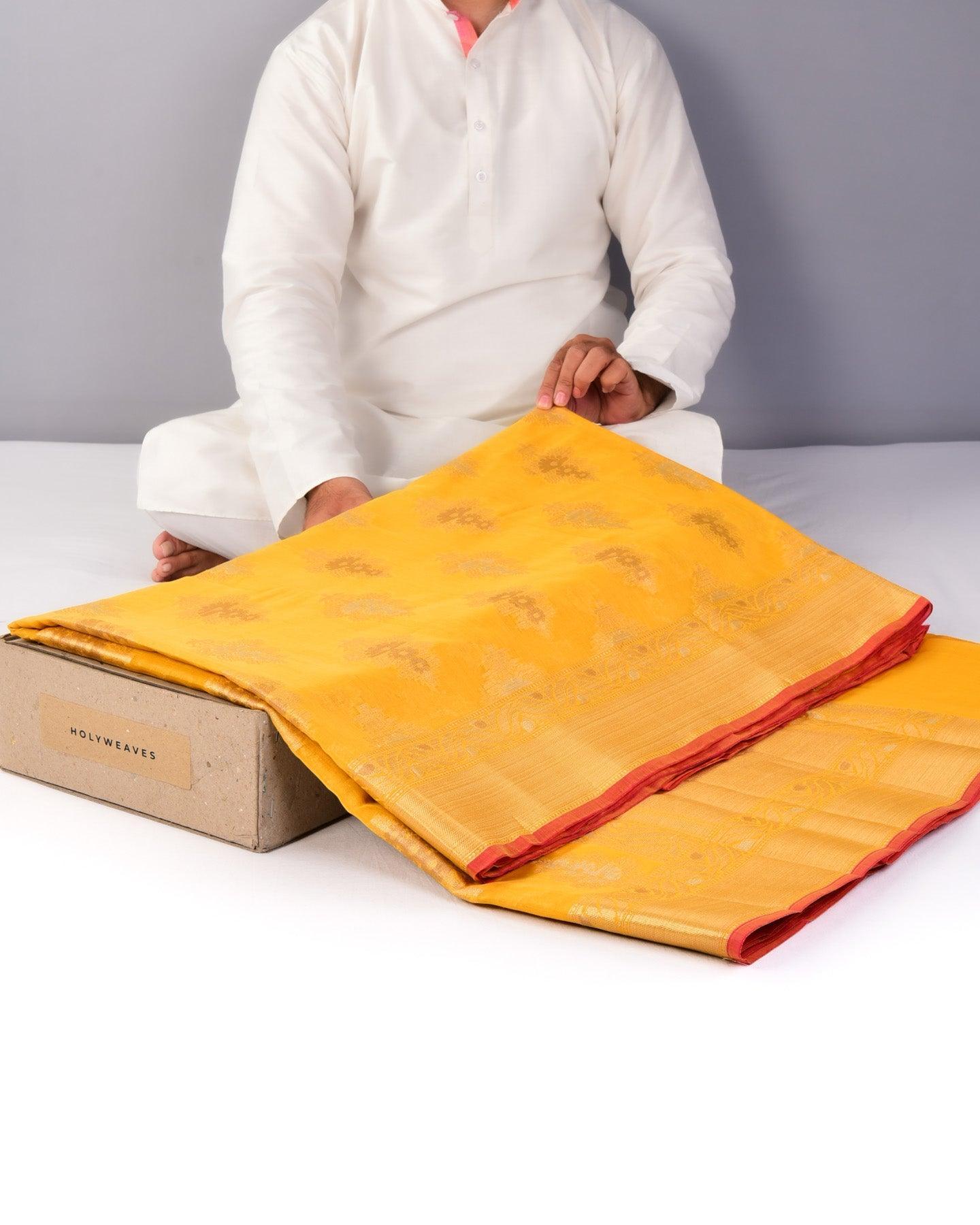 Yellow Banarasi 3-Color Zari Cutwork Brocade Woven Cotton Silk Saree - By HolyWeaves, Benares