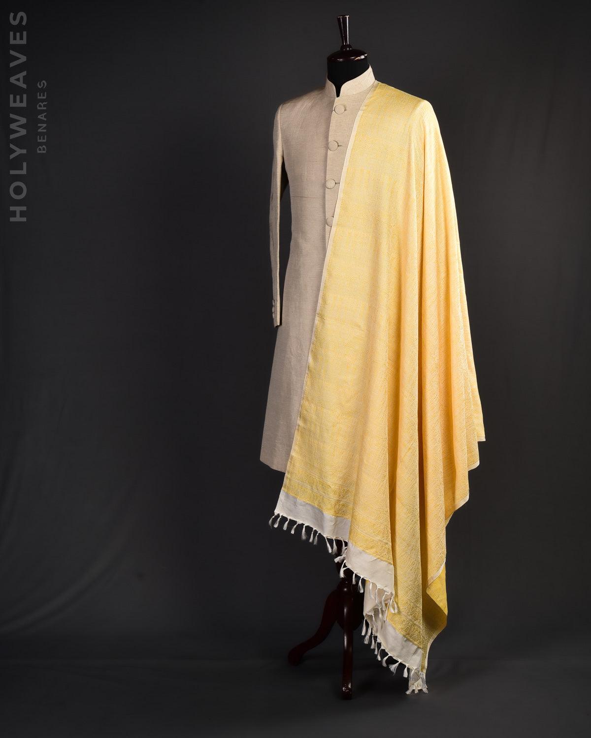 Yellow Banarasi Alfi Long Paisley Jamawar Handwoven Silk-Wool Shawl - By HolyWeaves, Benares