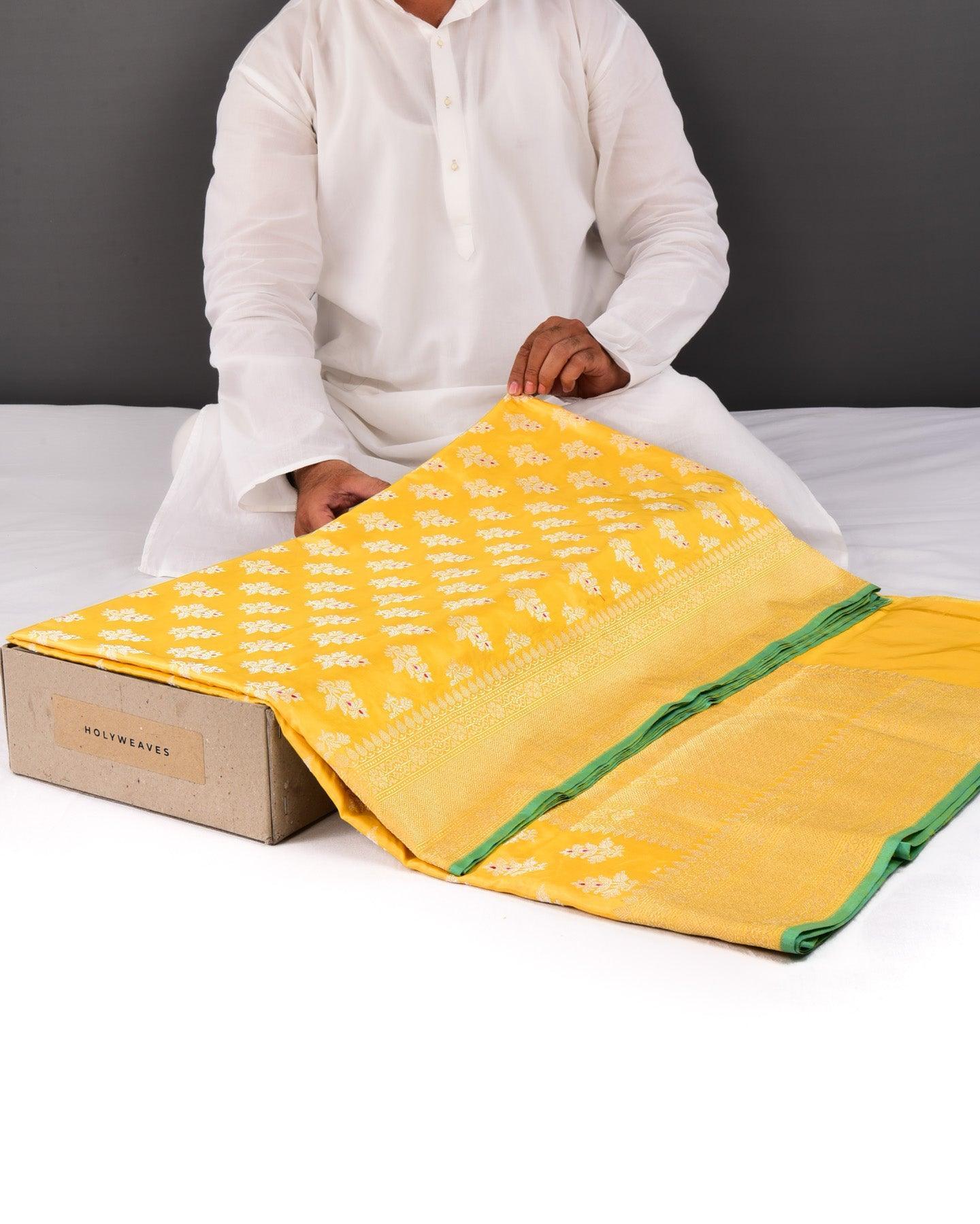 Yellow Banarasi Alfi Zari Meena Buti Cutwork Brocade Handwoven Katan Silk Saree - By HolyWeaves, Benares