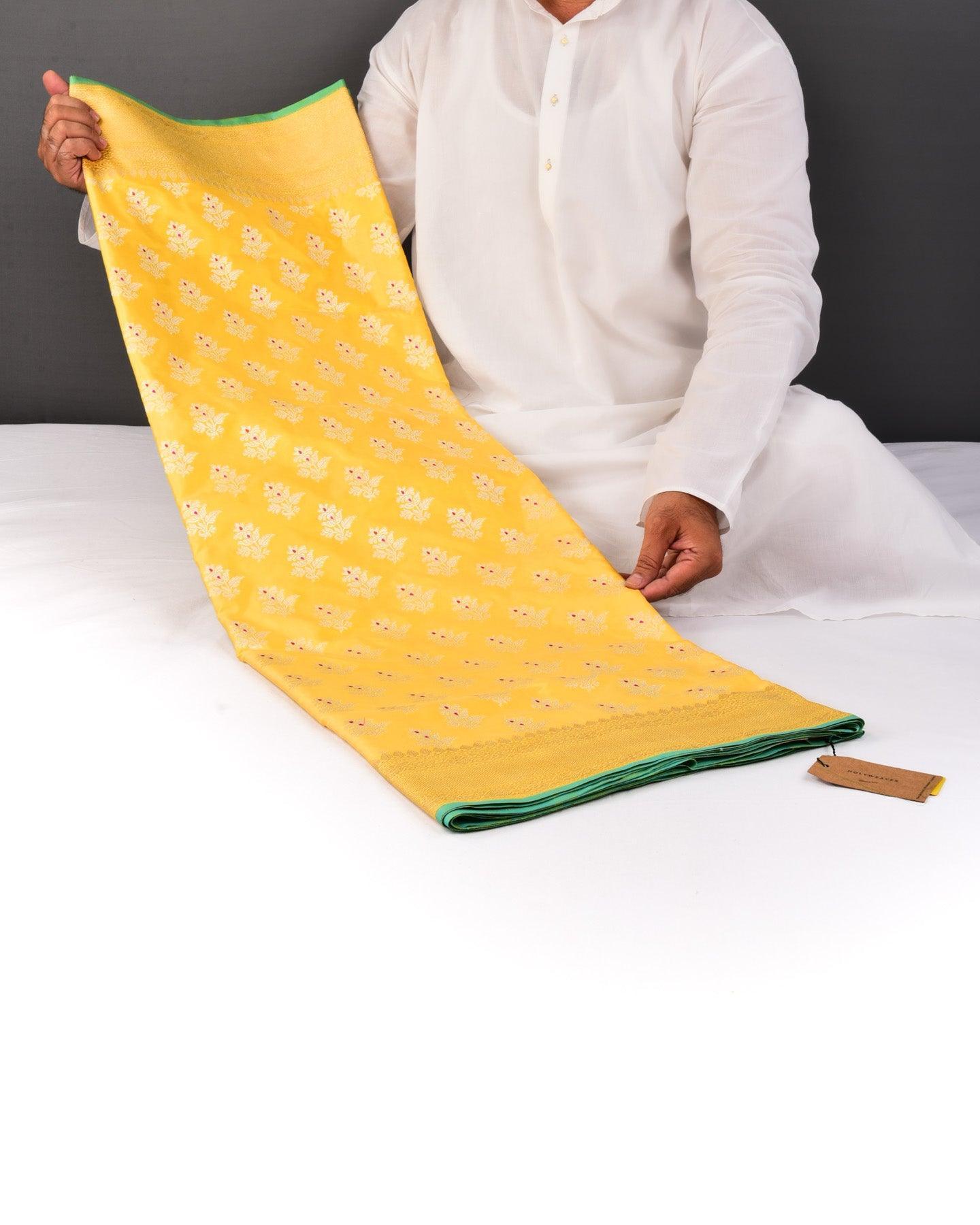 Yellow Banarasi Alfi Zari Meena Buti Cutwork Brocade Handwoven Katan Silk Saree - By HolyWeaves, Benares