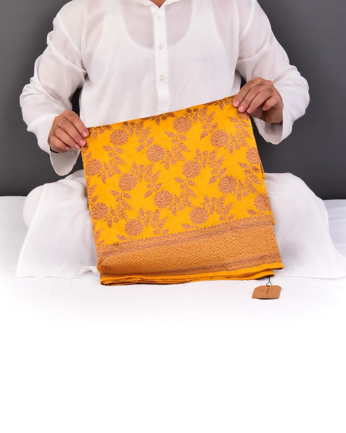 Yellow Banarasi Antique Zari Jaal Cutwork Brocade Handwoven Katan Silk Saree - By HolyWeaves, Benares