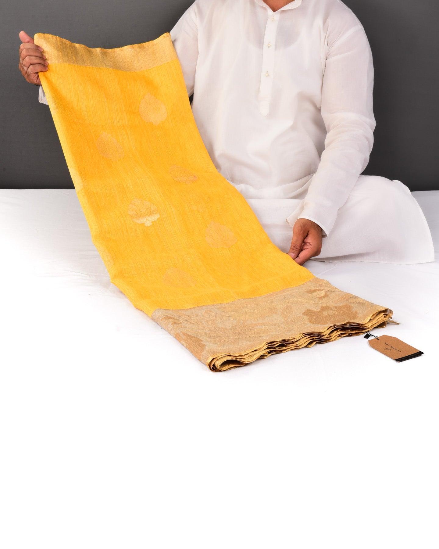 Yellow Banarasi Buta Kadhuan Brocade Handwoven Raw Silk Net Saree with Kadiyal Tissue Border - By HolyWeaves, Benares