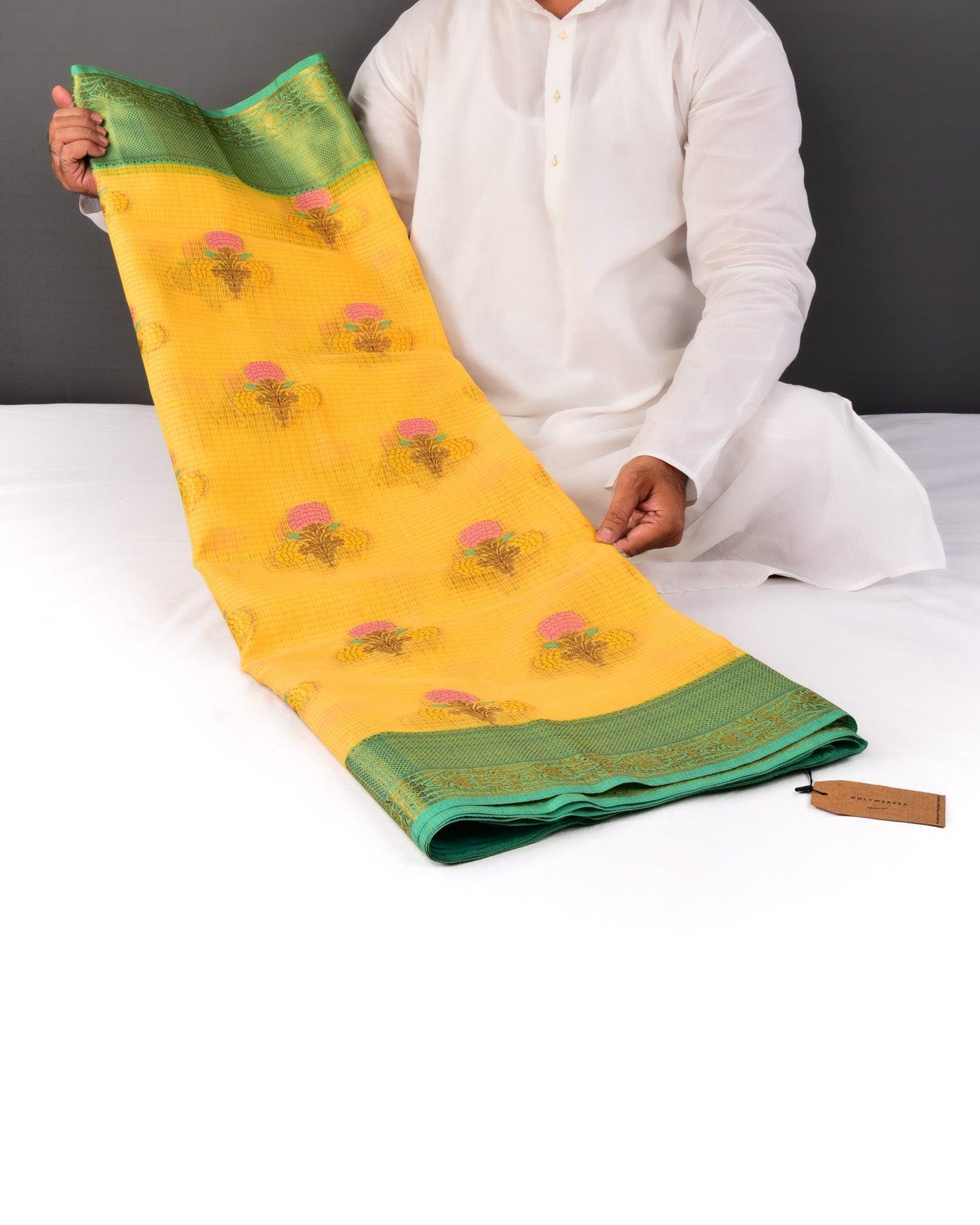 Yellow Banarasi Check Texture 3-Color Weave Cutwork Brocade Woven Cotton Silk Saree - By HolyWeaves, Benares