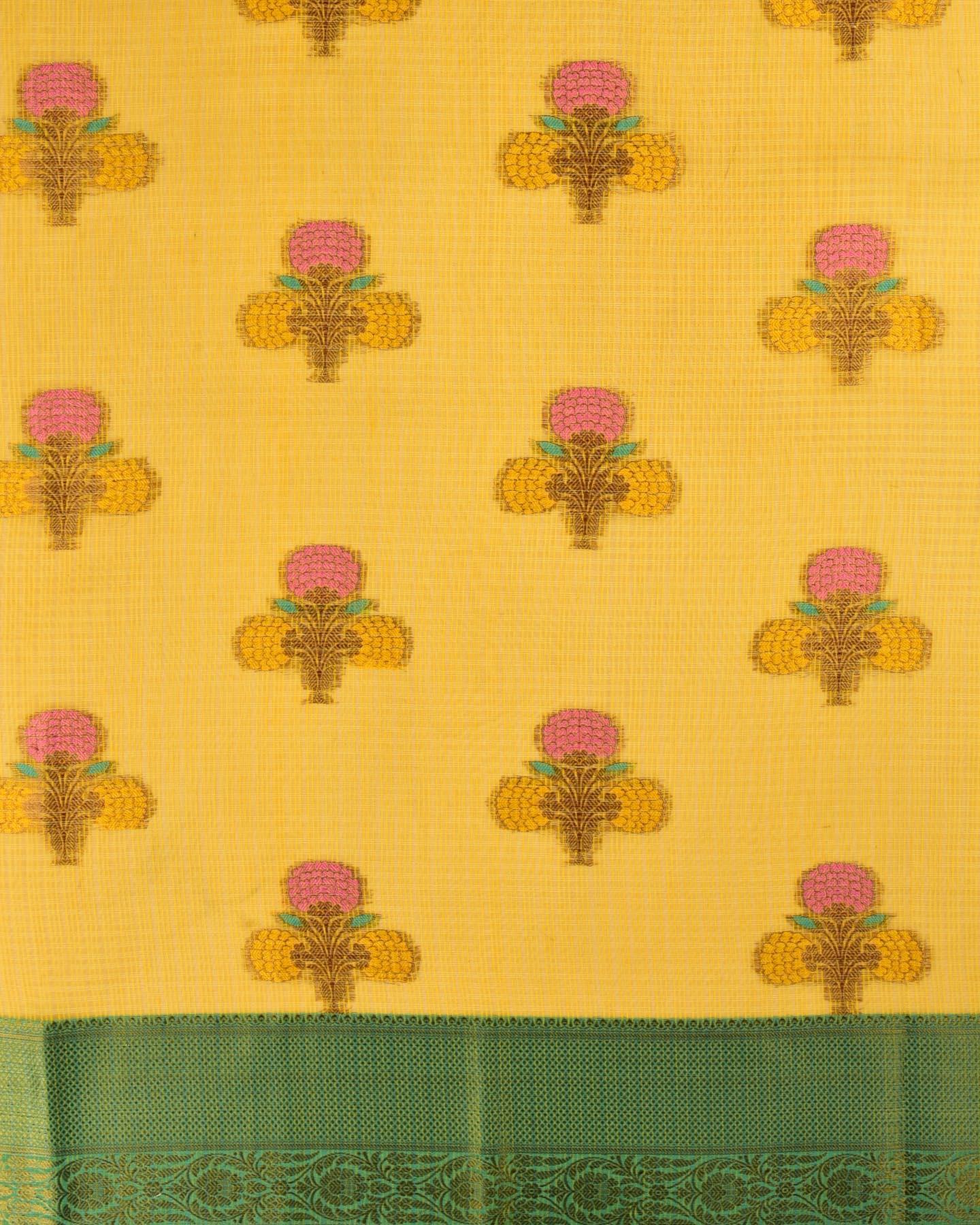 Yellow Banarasi Check Texture 3-Color Weave Cutwork Brocade Woven Cotton Silk Saree - By HolyWeaves, Benares