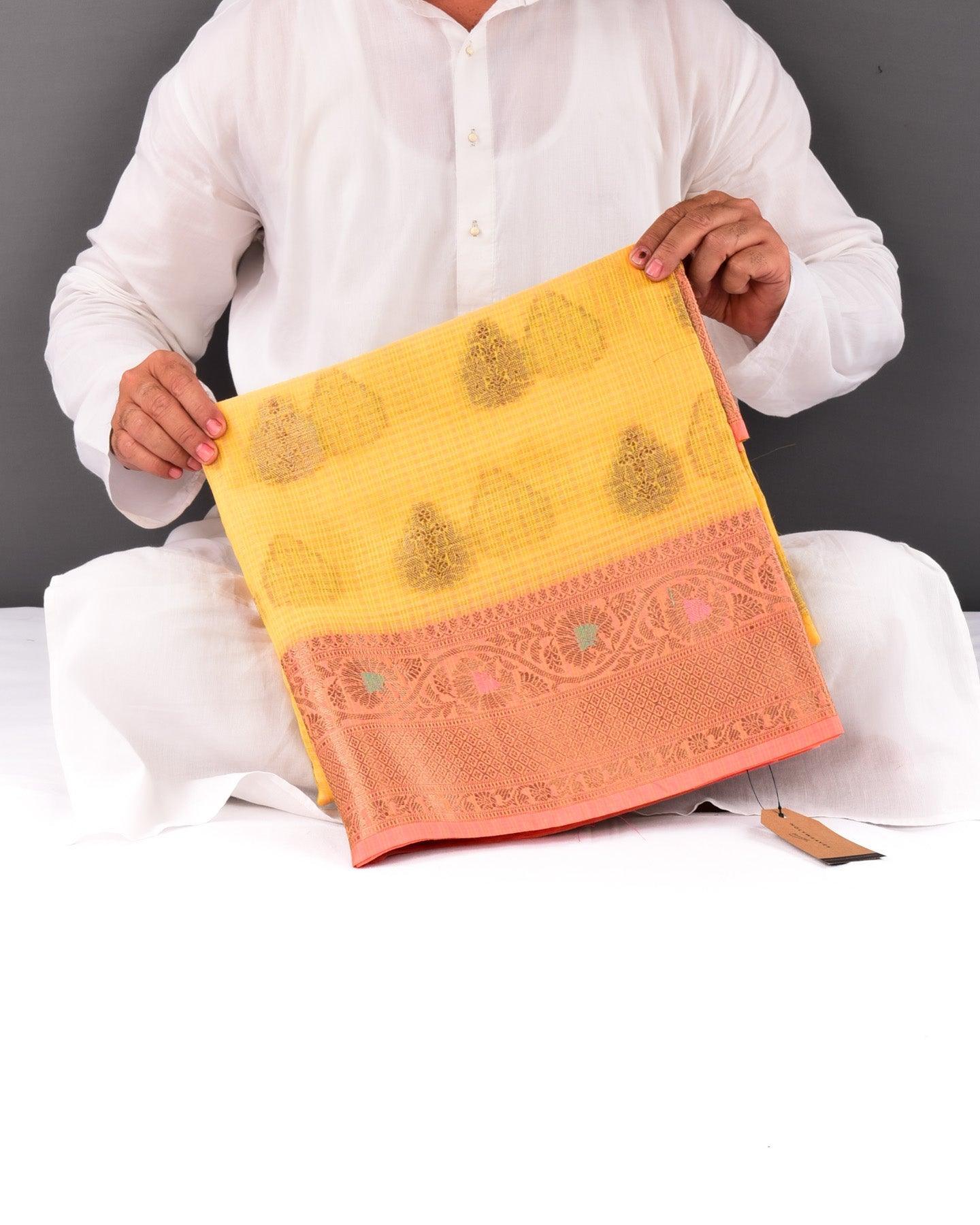 Yellow Banarasi Check Texture Antique Buta Cutwork Brocade Woven Cotton Silk Saree with Peach Border Pallu - By HolyWeaves, Benares