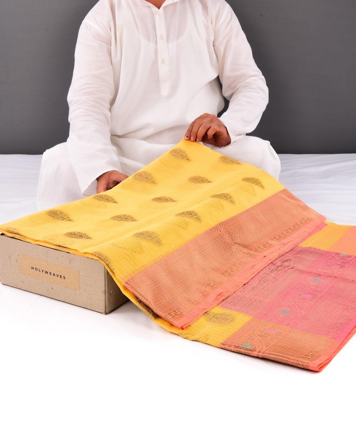 Yellow Banarasi Check Texture Antique Buta Cutwork Brocade Woven Cotton Silk Saree with Peach Border Pallu - By HolyWeaves, Benares