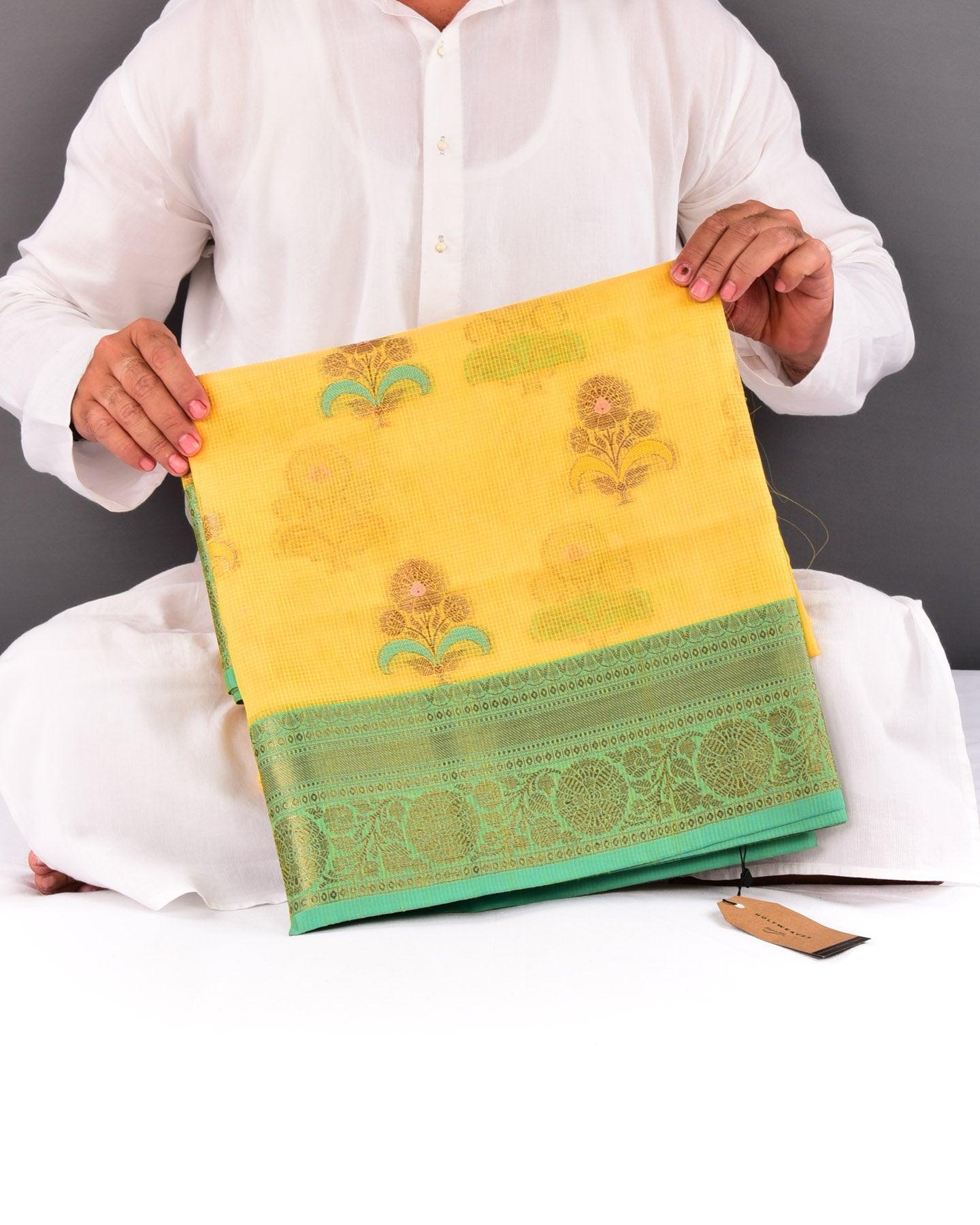 Yellow Banarasi Check Texture Antique Zari Buta Cutwork Brocade Woven Cotton Silk Saree with Contrast Green Border Pallu - By HolyWeaves, Benares