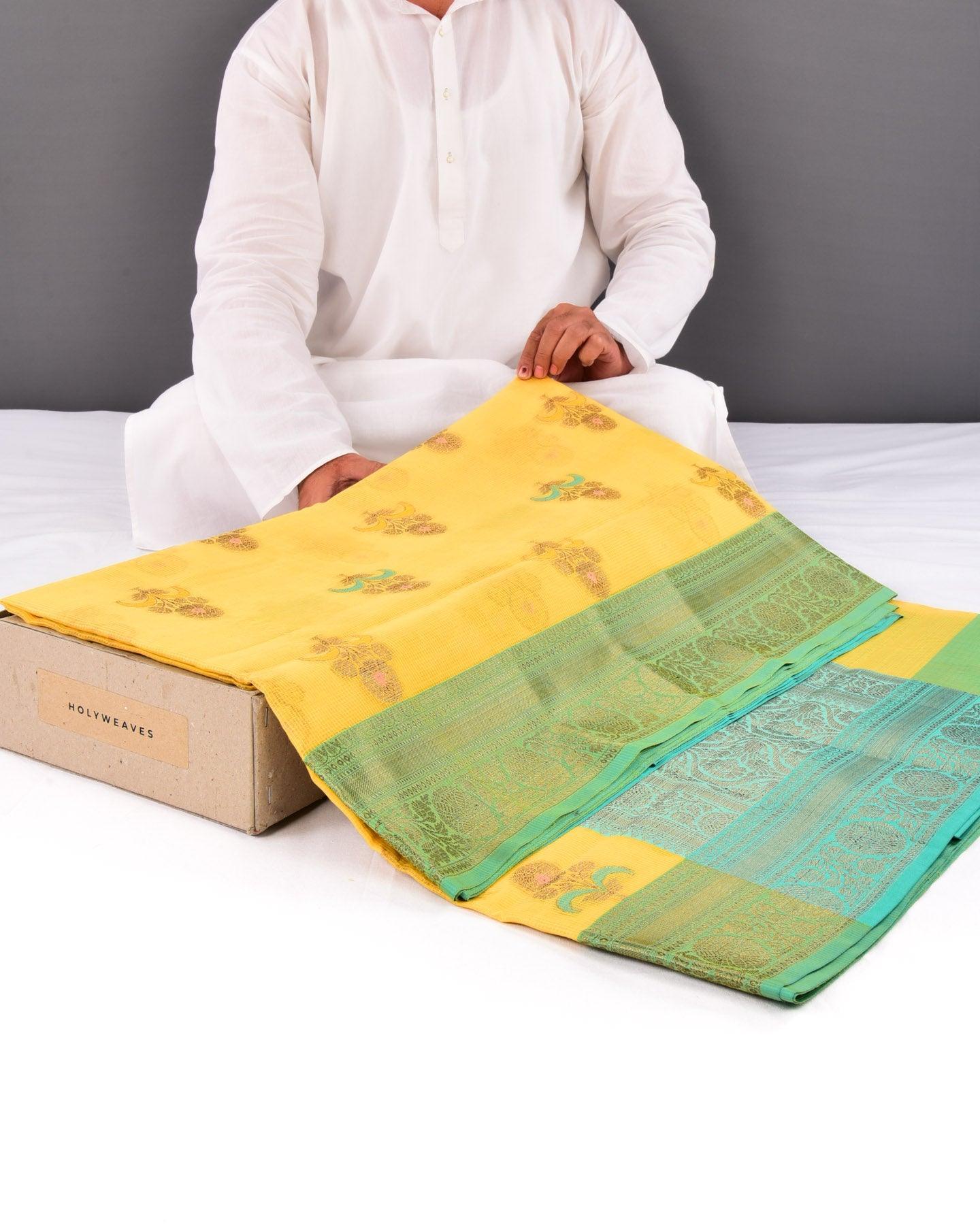 Yellow Banarasi Check Texture Antique Zari Buta Cutwork Brocade Woven Cotton Silk Saree with Contrast Green Border Pallu - By HolyWeaves, Benares