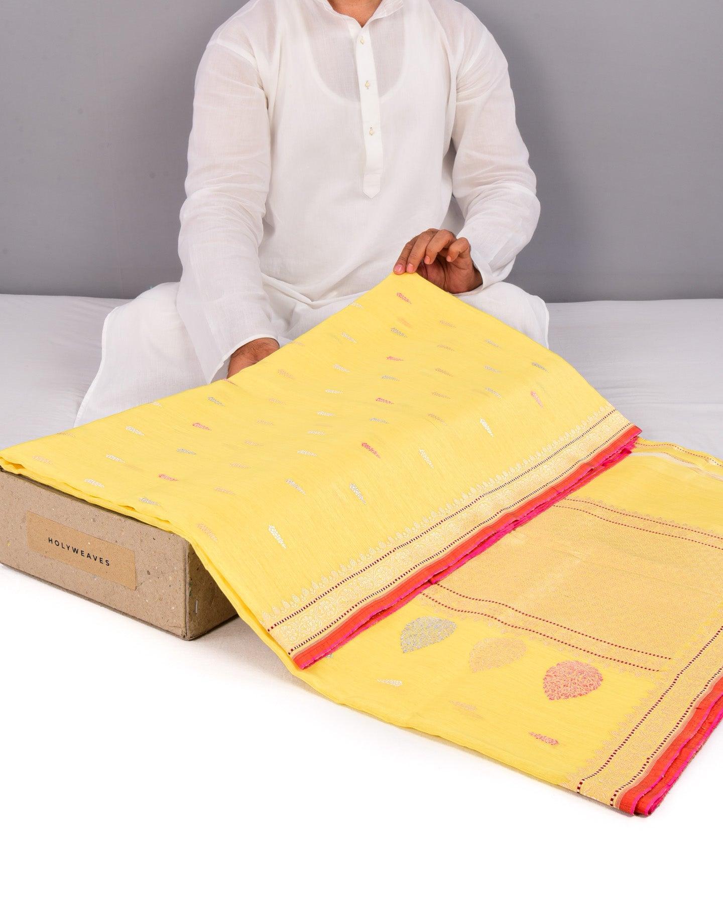 Yellow Banarasi Colored Zari Buti Kadhuan Brocade Handwoven Linen Silk Saree - By HolyWeaves, Benares
