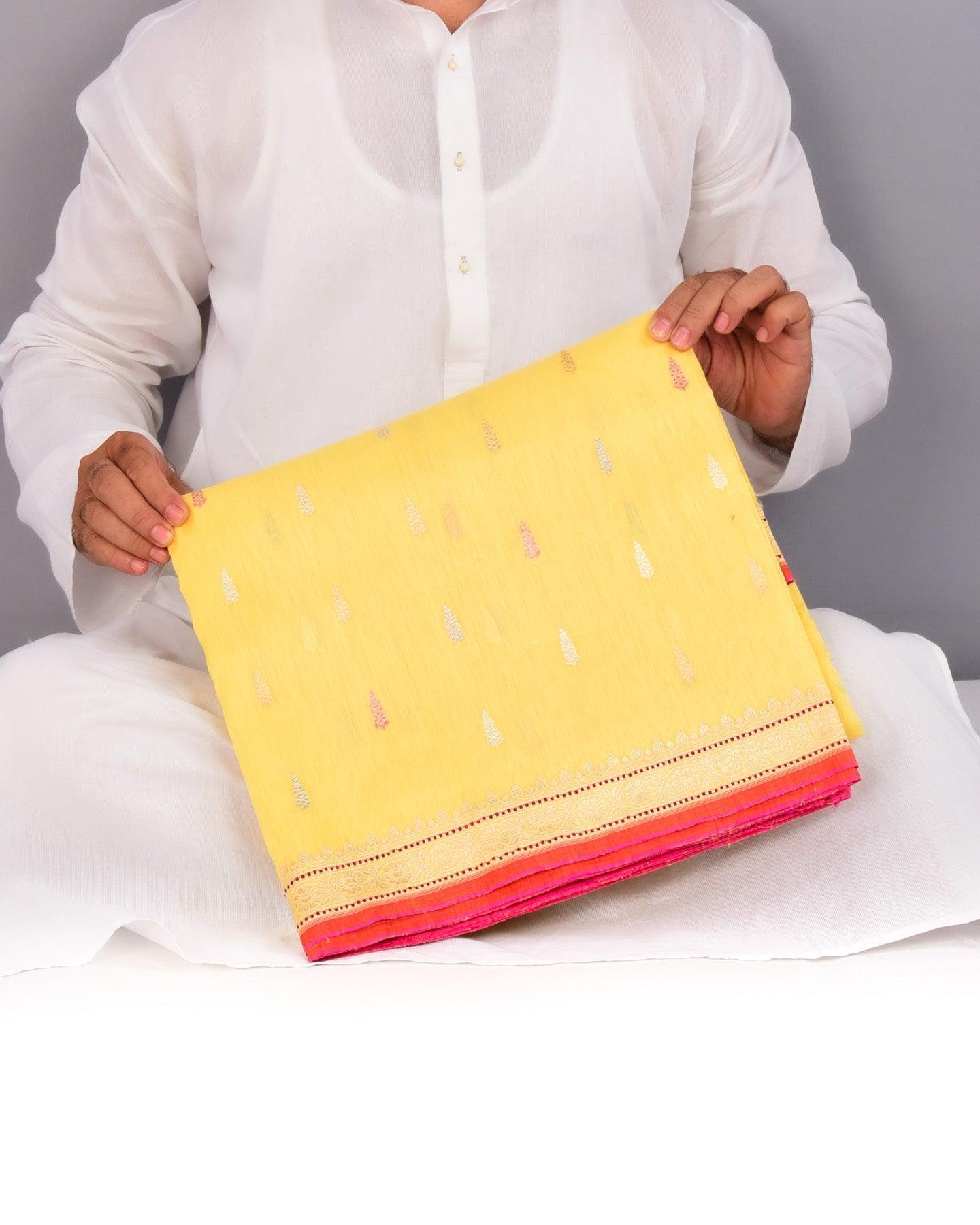 Yellow Banarasi Colored Zari Buti Kadhuan Brocade Handwoven Linen Silk Saree - By HolyWeaves, Benares