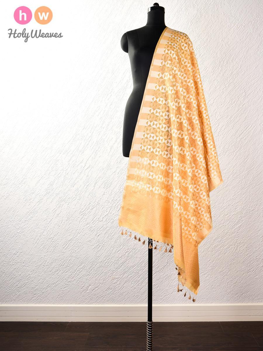 Yellow Banarasi Cutwork Brocade Handwoven Cotton Silk Dupatta - By HolyWeaves, Benares