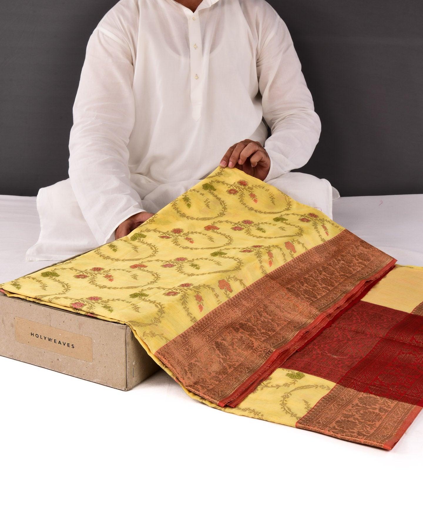 Yellow Banarasi Floral Jaal Cutwork Brocade Woven Art Cotton Silk Saree with Contrast Border - By HolyWeaves, Benares