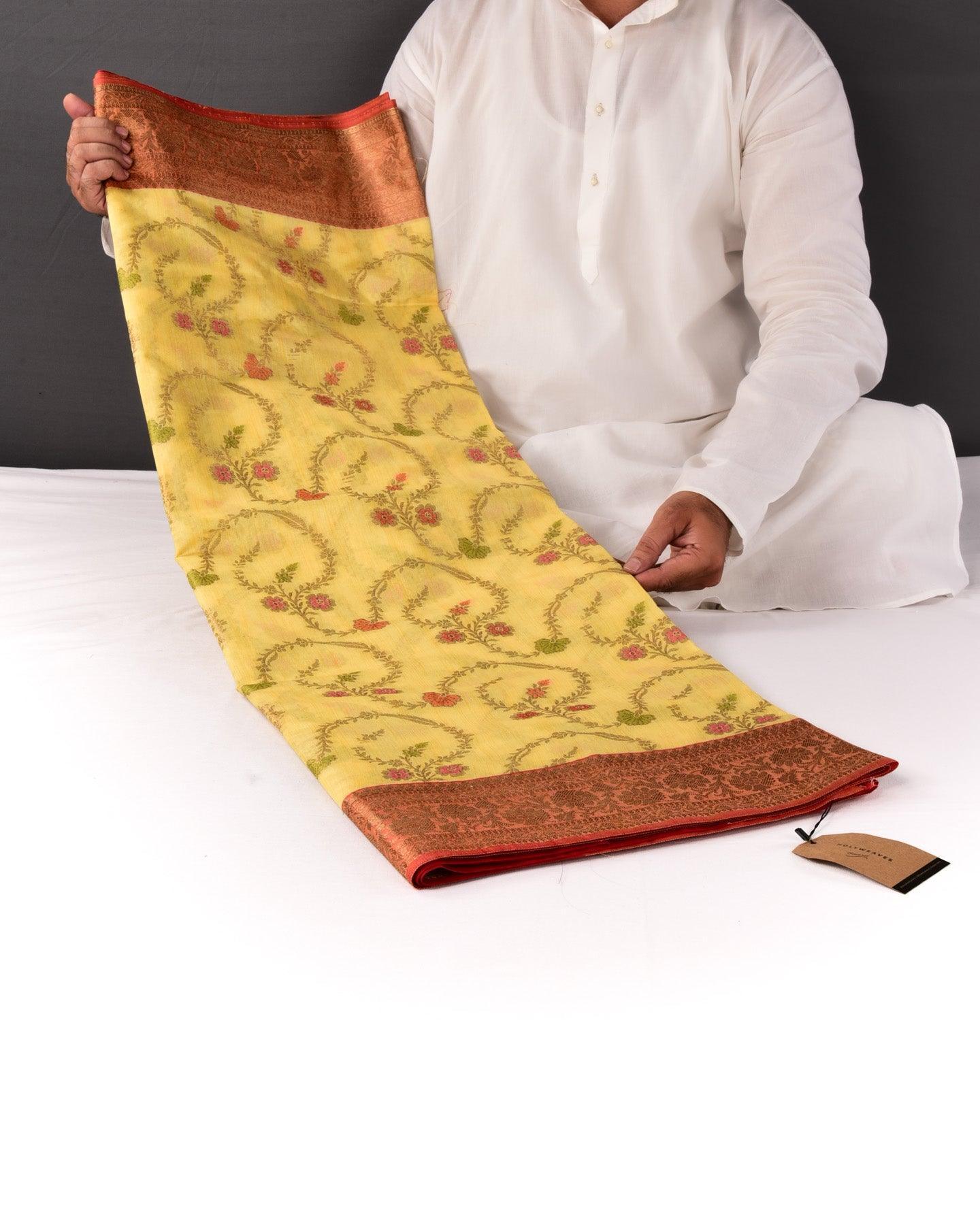 Yellow Banarasi Floral Jaal Cutwork Brocade Woven Art Cotton Silk Saree with Contrast Border - By HolyWeaves, Benares
