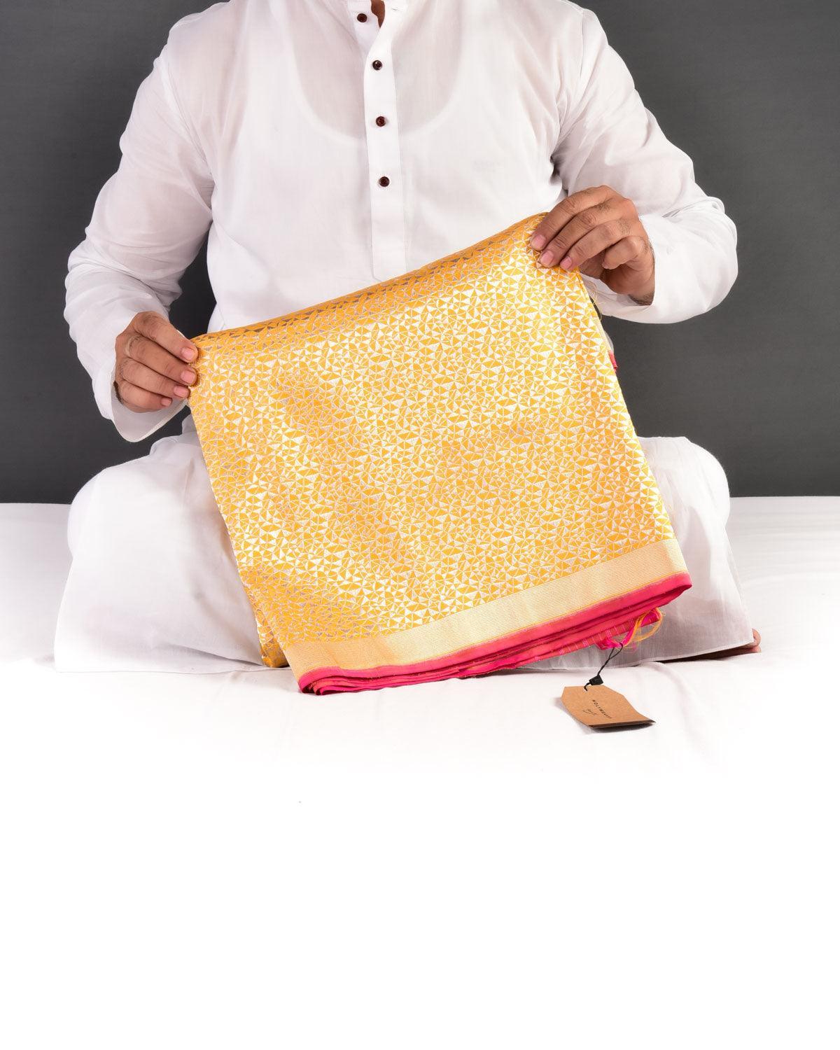 Yellow Banarasi Geometrical Jaal Silver Zari Kadhuan Brocade Handwoven Katan Silk Saree - By HolyWeaves, Benares