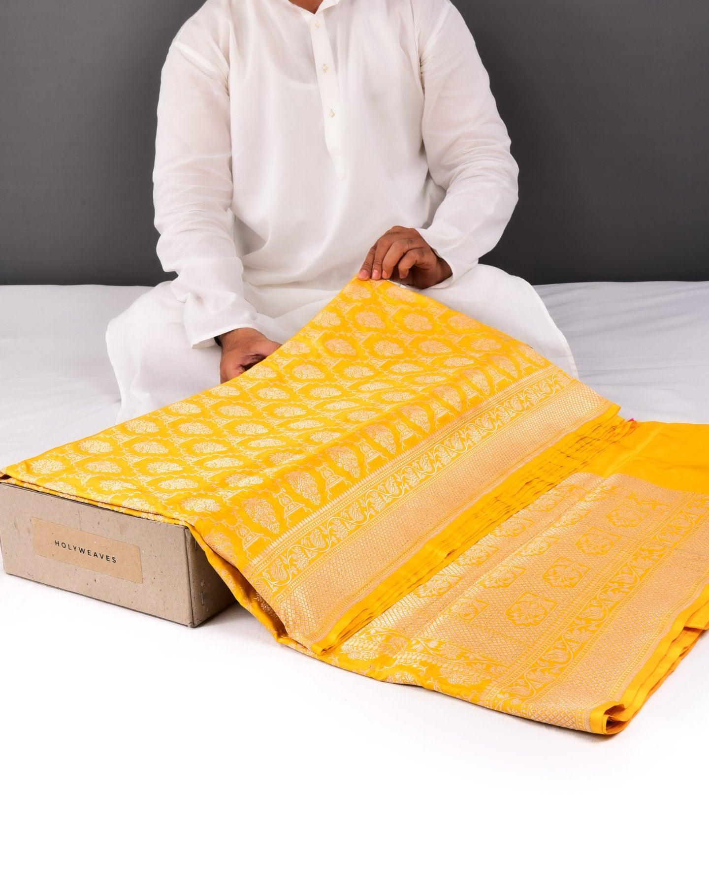 Yellow Banarasi Gold Zari Jangla Cutwork Brocade Handwoven Katan Silk Saree - By HolyWeaves, Benares