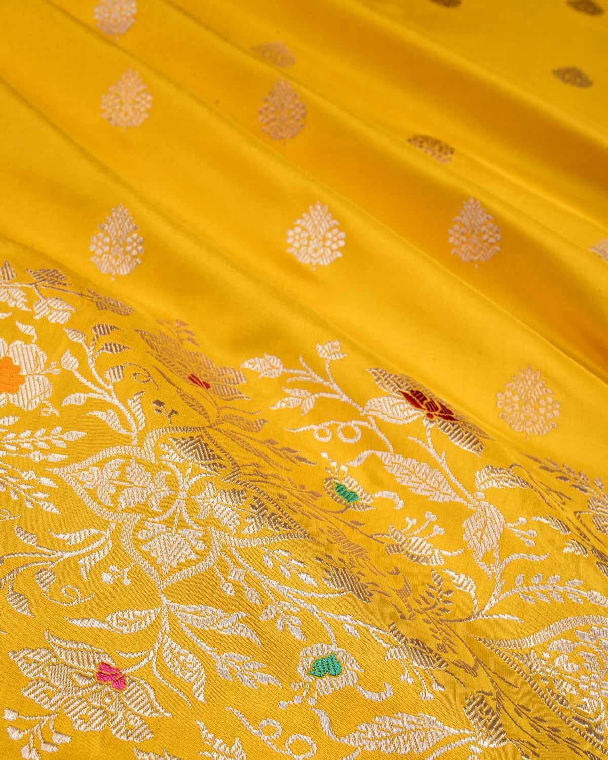 Yellow Banarasi Gold Zari Kadhuan Brocade Handwoven Katan Silk Saree with Meenekari Brocade Border Pallu - By HolyWeaves, Benares