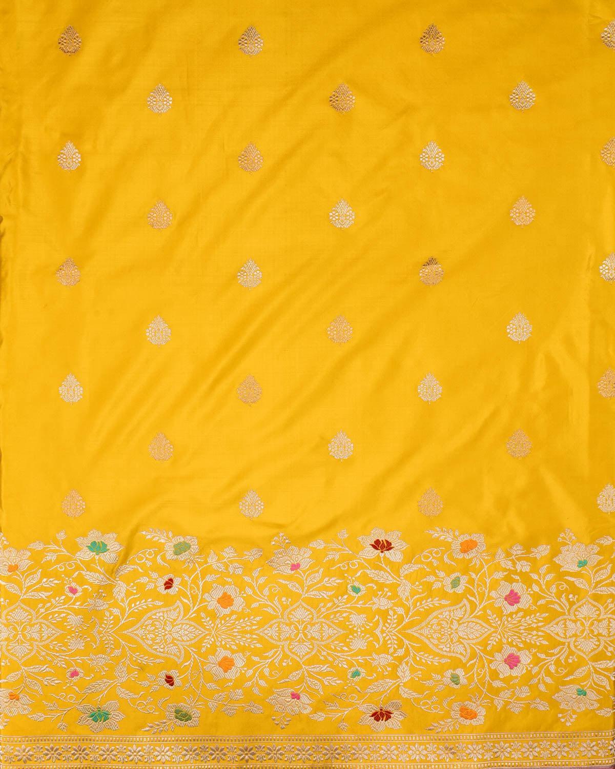 Yellow Banarasi Gold Zari Kadhuan Brocade Handwoven Katan Silk Saree with Meenekari Brocade Border Pallu - By HolyWeaves, Benares