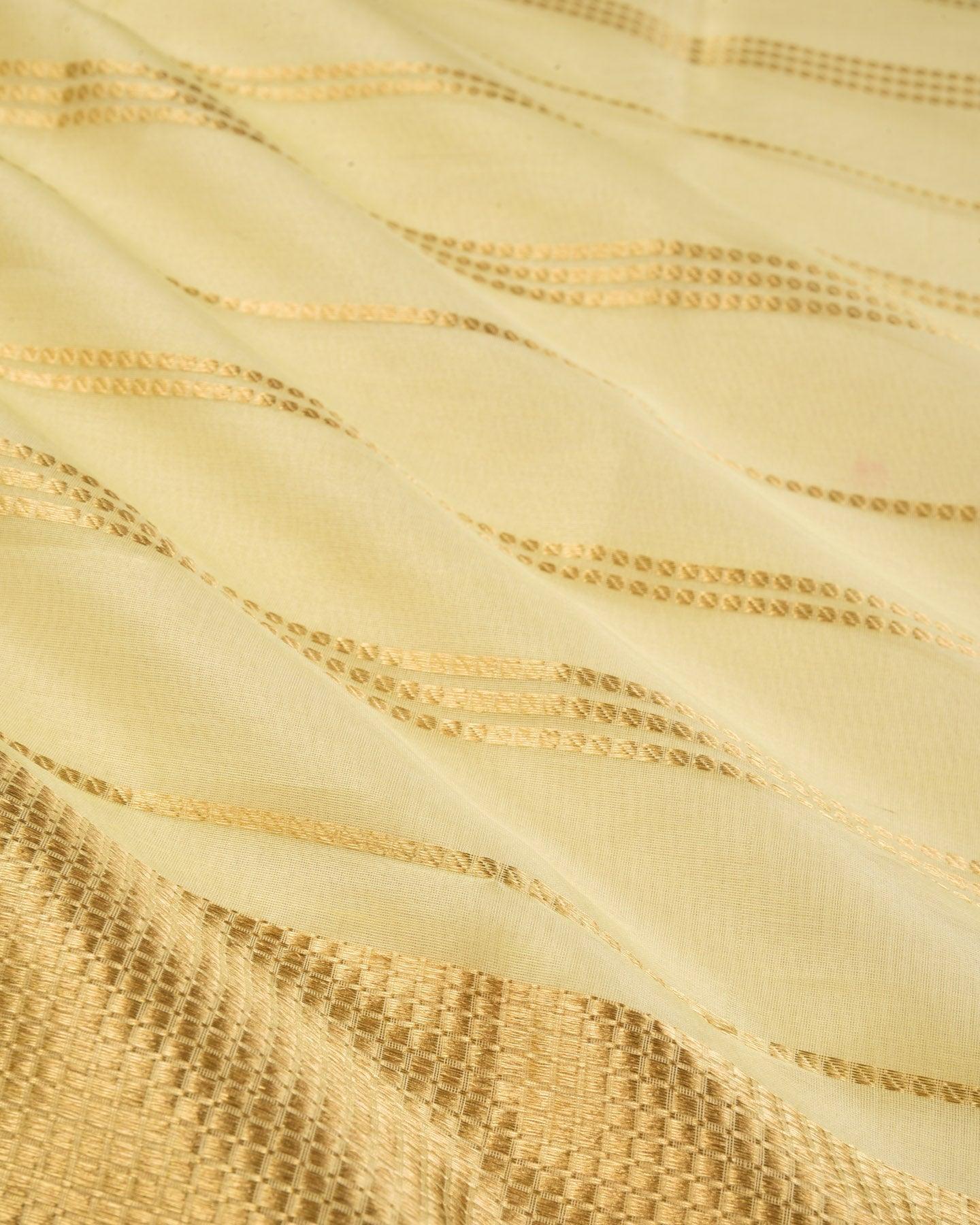Yellow Banarasi Golden Stripes Brocade Woven Kora Silk Dupatta - By HolyWeaves, Benares