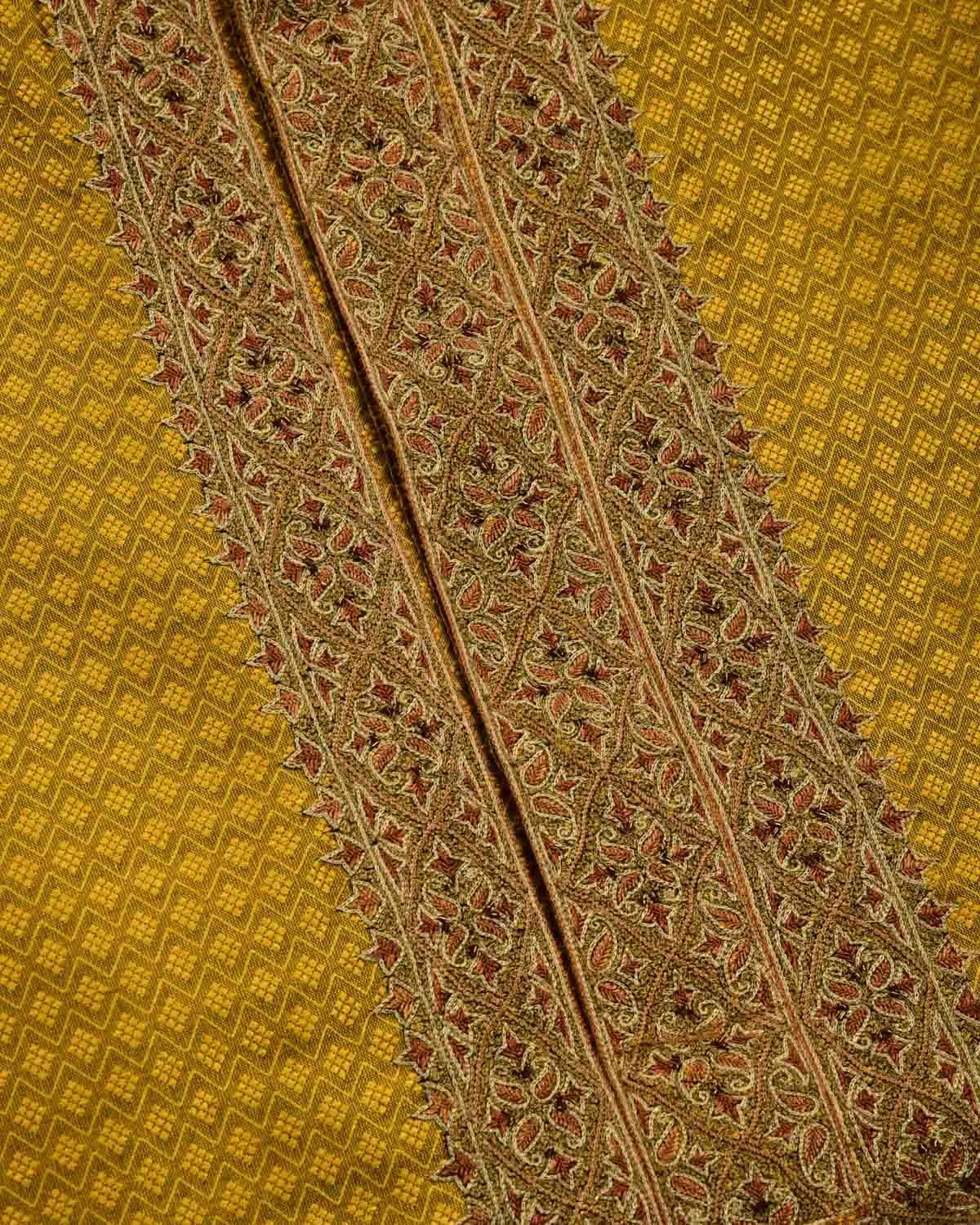 Yellow Banarasi Hand-embroidered Cotton Silk Mens Kurta Pyjama - By HolyWeaves, Benares