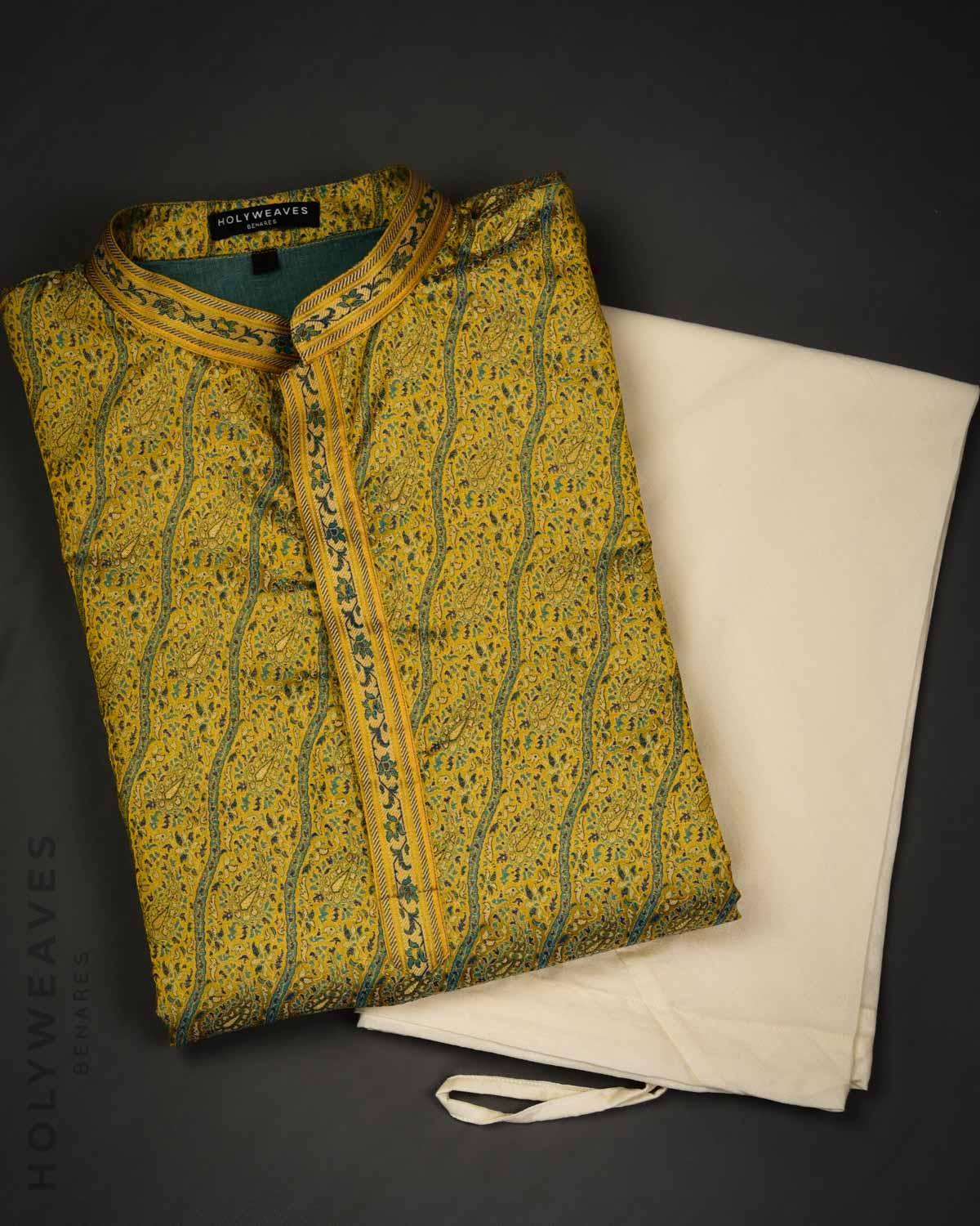 Yellow Banarasi Jamawar Brocade Handwoven Katan Silk Mens Kurta Pyjama with Zari Accents - By HolyWeaves, Benares