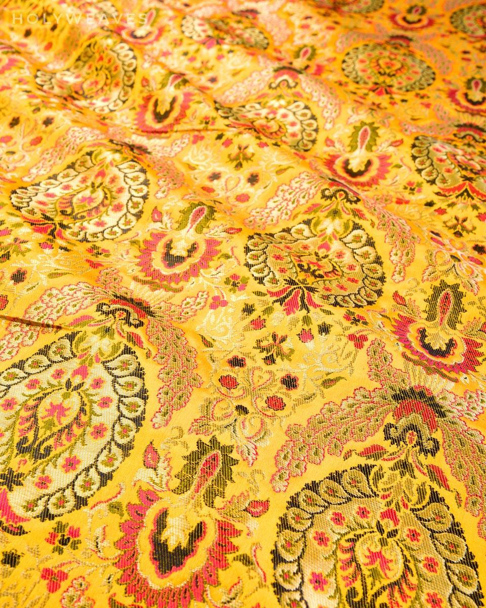 Yellow Banarasi Kimkhwab Brocade Handwoven Viscose Silk Fabric - By HolyWeaves, Benares