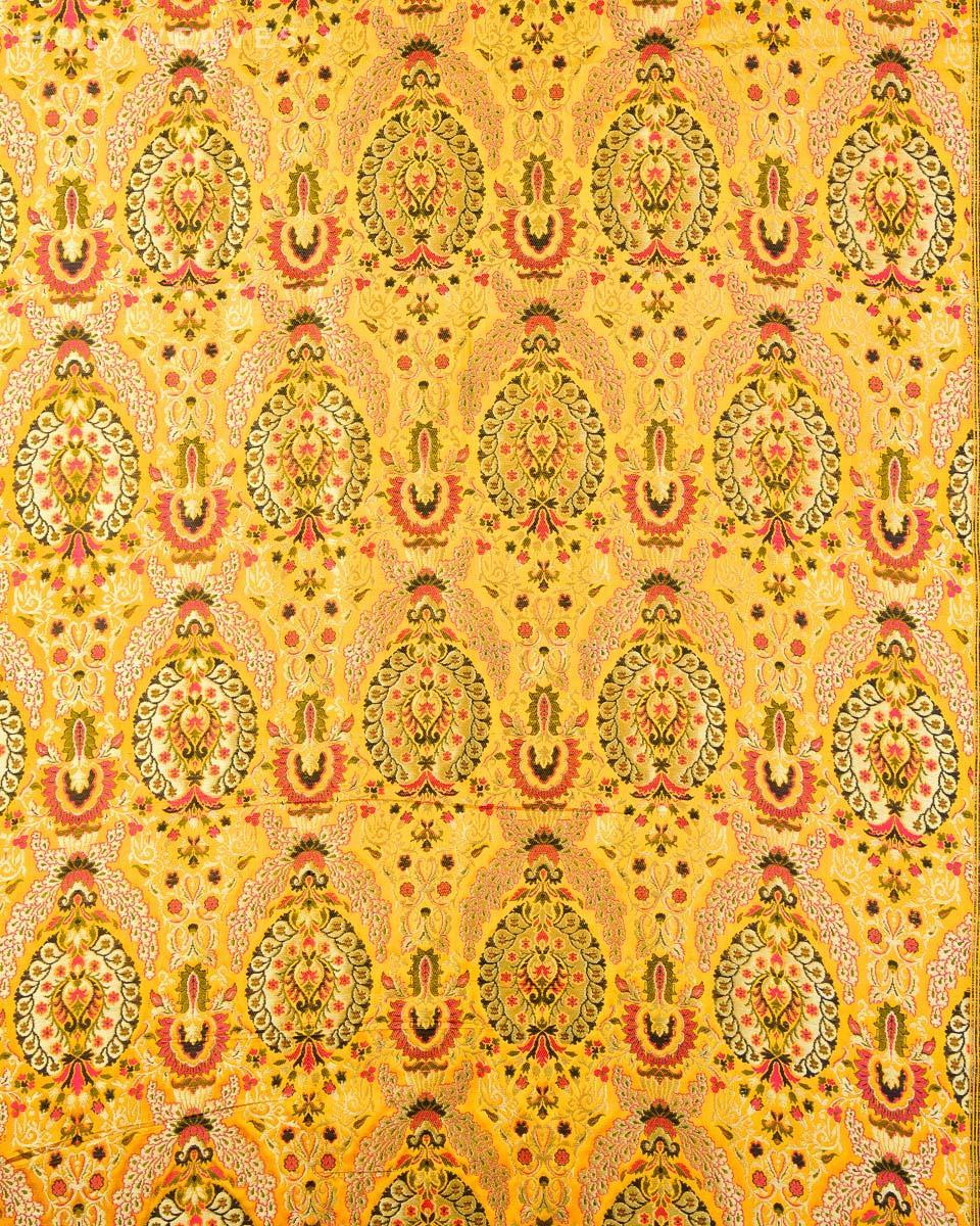 Yellow Banarasi Kimkhwab Brocade Handwoven Viscose Silk Fabric - By HolyWeaves, Benares