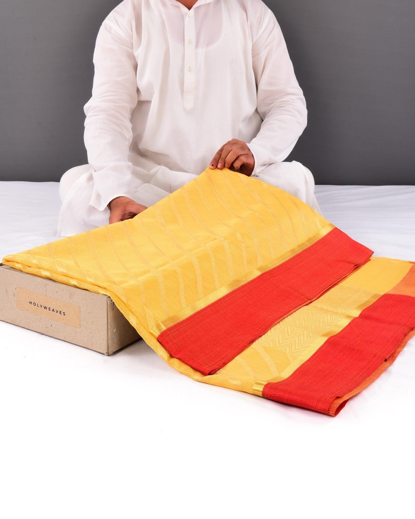 Yellow Banarasi Kota Check Leheriya Zari Stripes Cutwork Brocade Woven Blended Cotton Silk Saree - By HolyWeaves, Benares