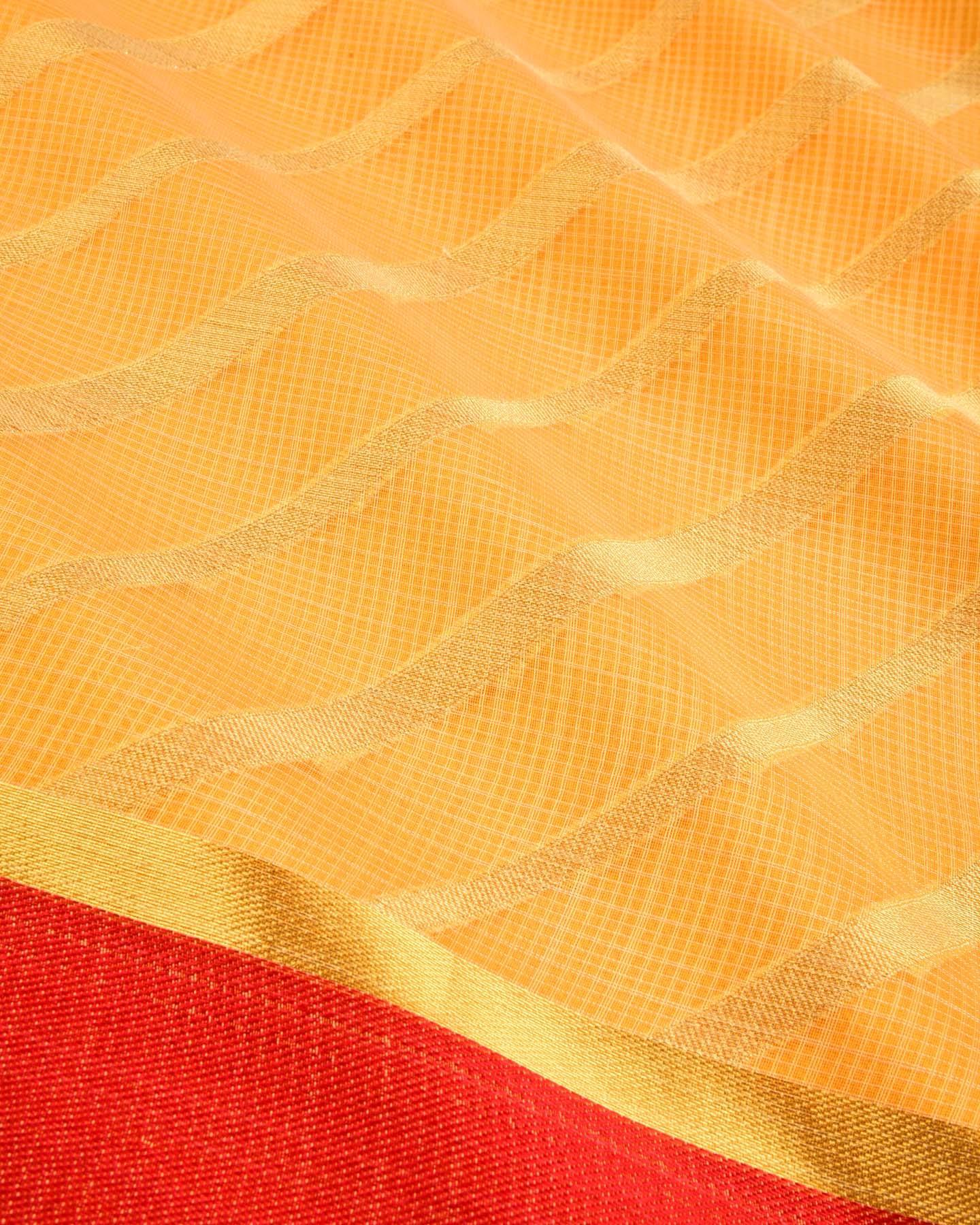 Yellow Banarasi Kota Check Leheriya Zari Stripes Cutwork Brocade Woven Blended Cotton Silk Saree - By HolyWeaves, Benares