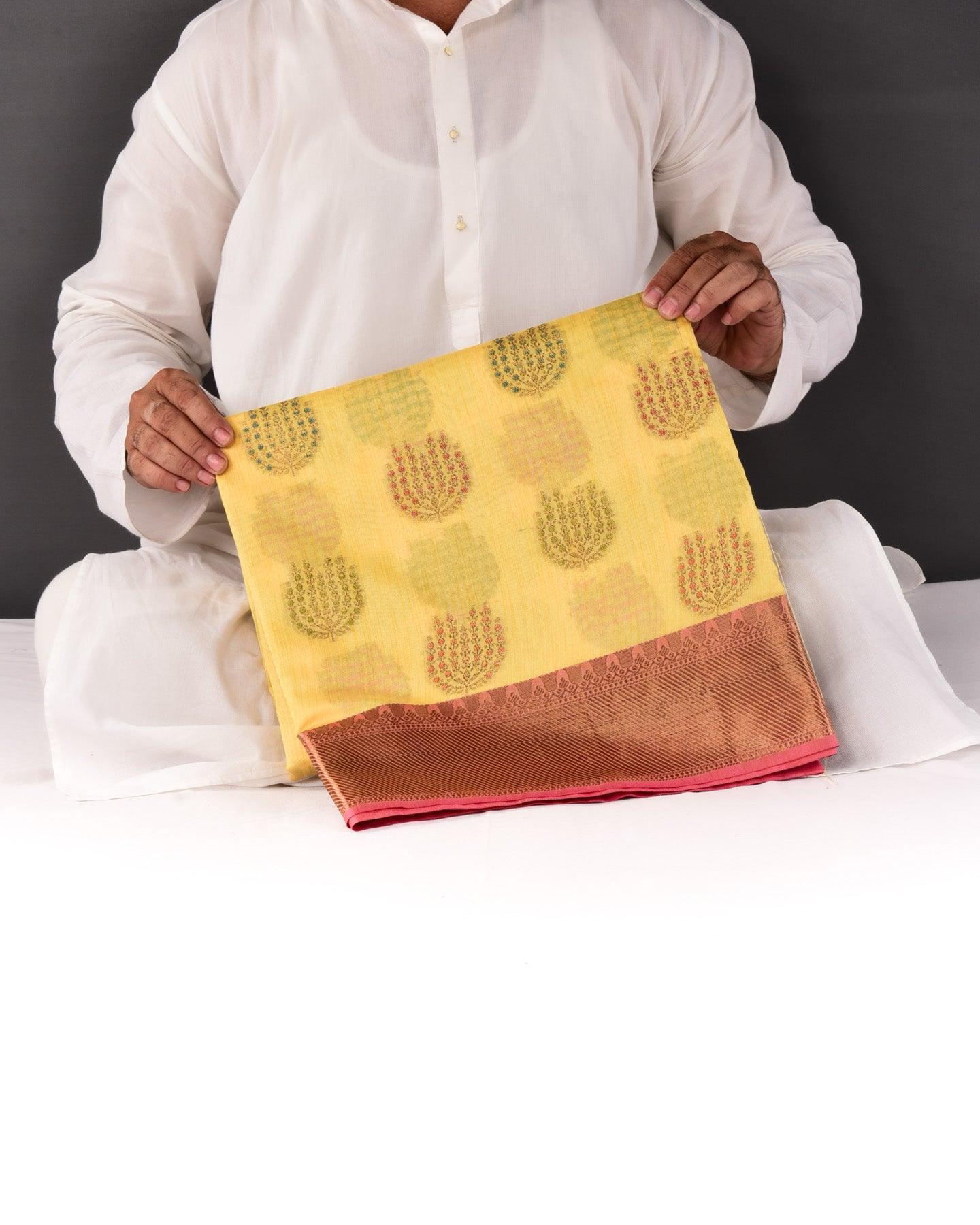 Yellow Banarasi Meena-Zari Buta Cutwork Brocade Woven Art Cotton Silk Saree with Contrast Border - By HolyWeaves, Benares