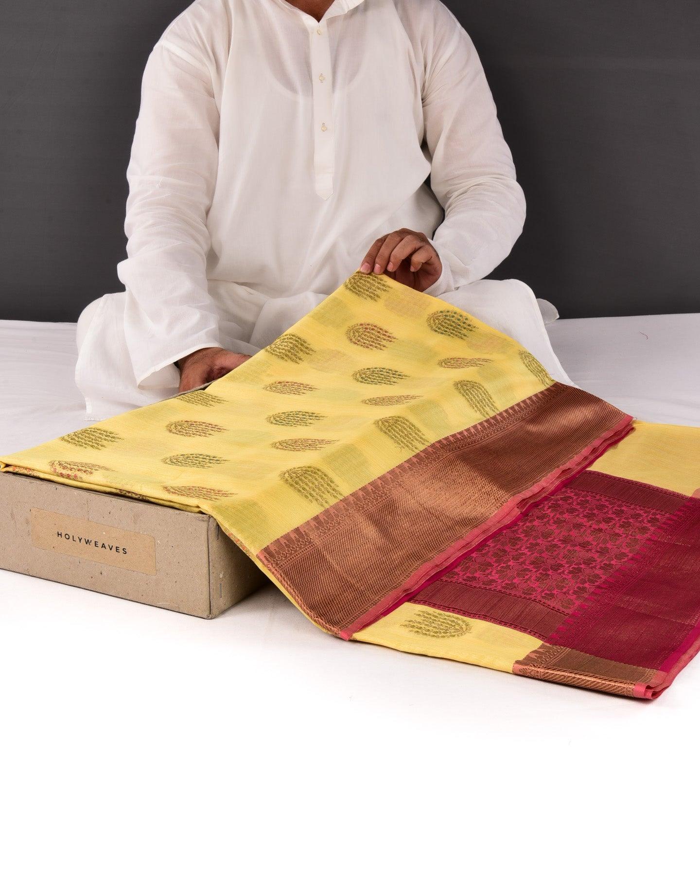 Yellow Banarasi Meena-Zari Buta Cutwork Brocade Woven Art Cotton Silk Saree with Contrast Border - By HolyWeaves, Benares
