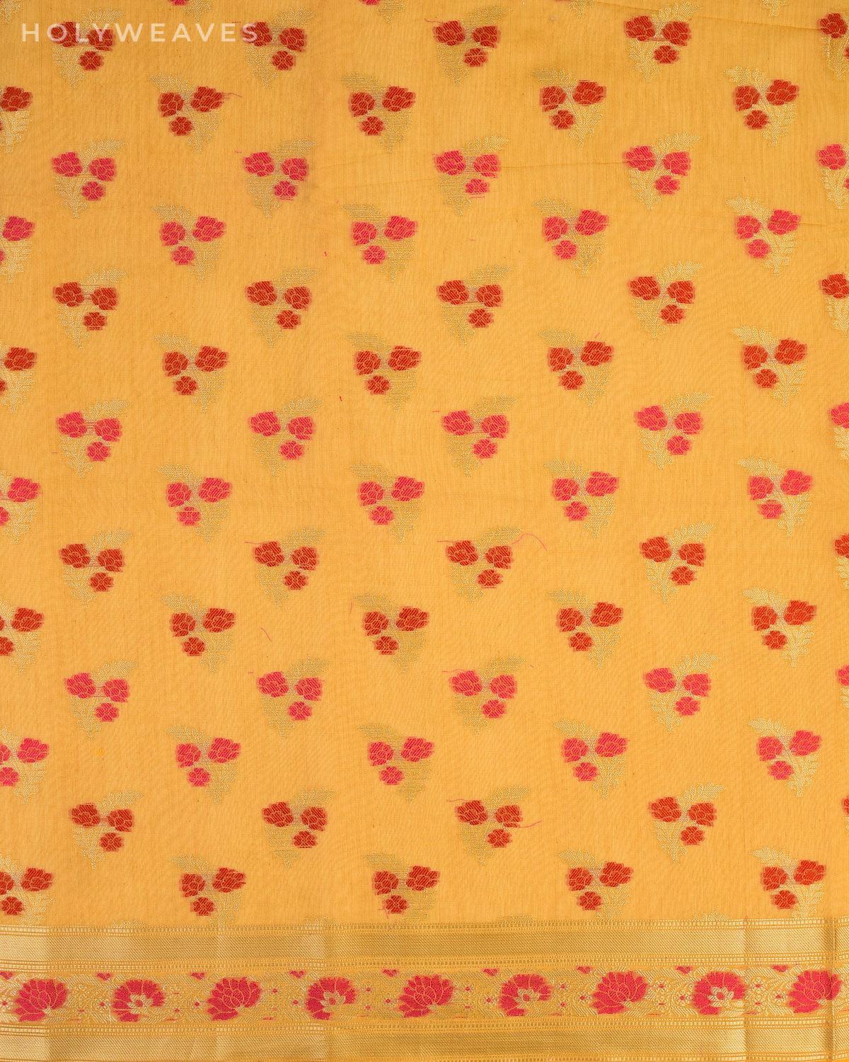 Yellow Banarasi Meena Zari Guchchha Buti Cutwork Brocade Woven Cotton Silk Saree - By HolyWeaves, Benares