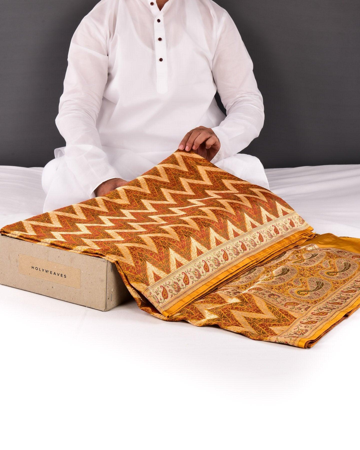 Yellow Banarasi Multi Zig-Zag Jamawar Brocade Handwoven Katan Silk Saree with Zari Cutwork - By HolyWeaves, Benares