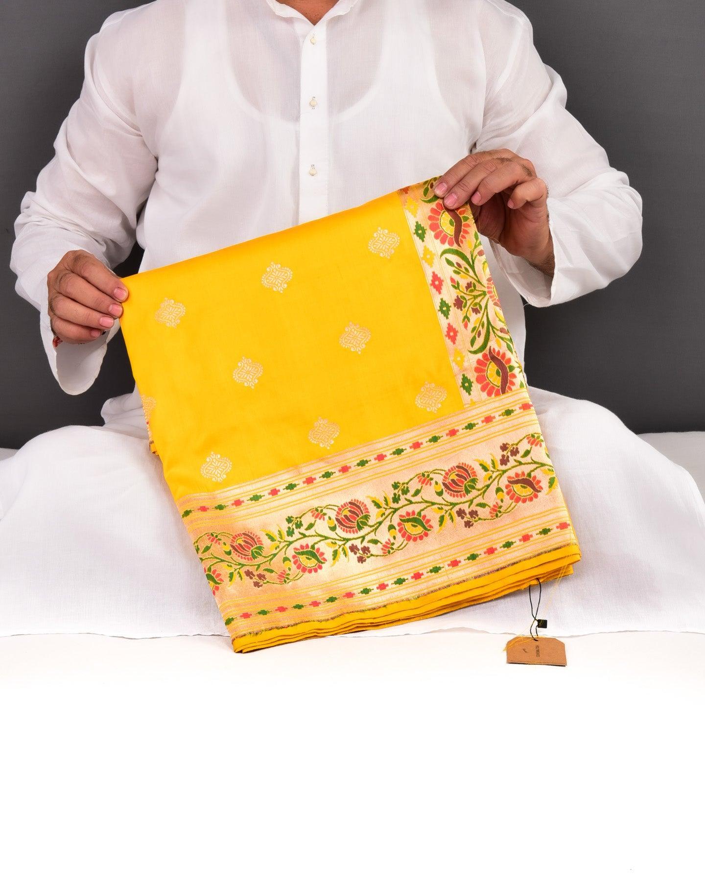 Yellow Banarasi Paithani Brocade Handwoven Katan Silk Saree - By HolyWeaves, Benares