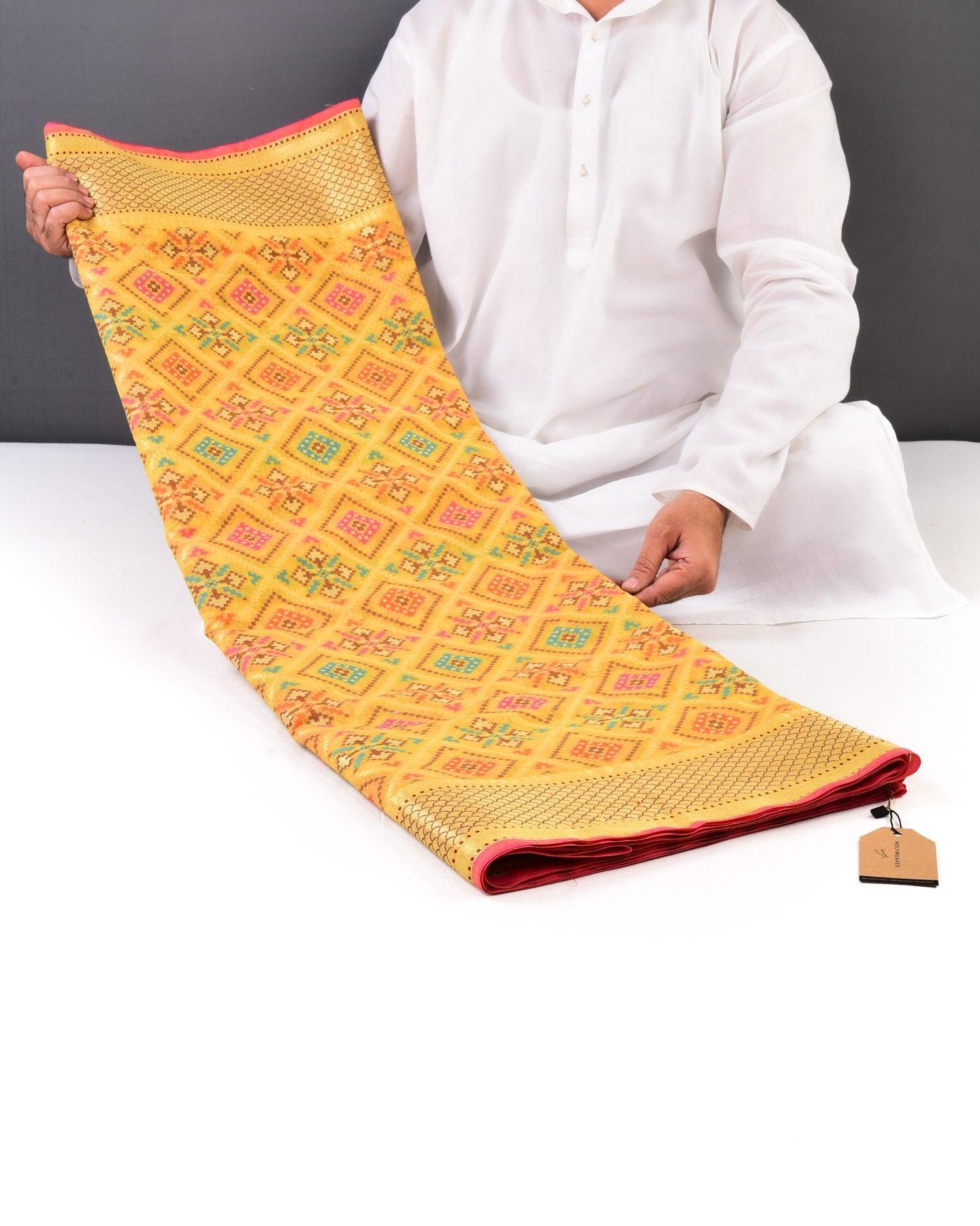 Yellow Banarasi Patola Cutwork Brocade Woven Cotton Silk Saree - By HolyWeaves, Benares
