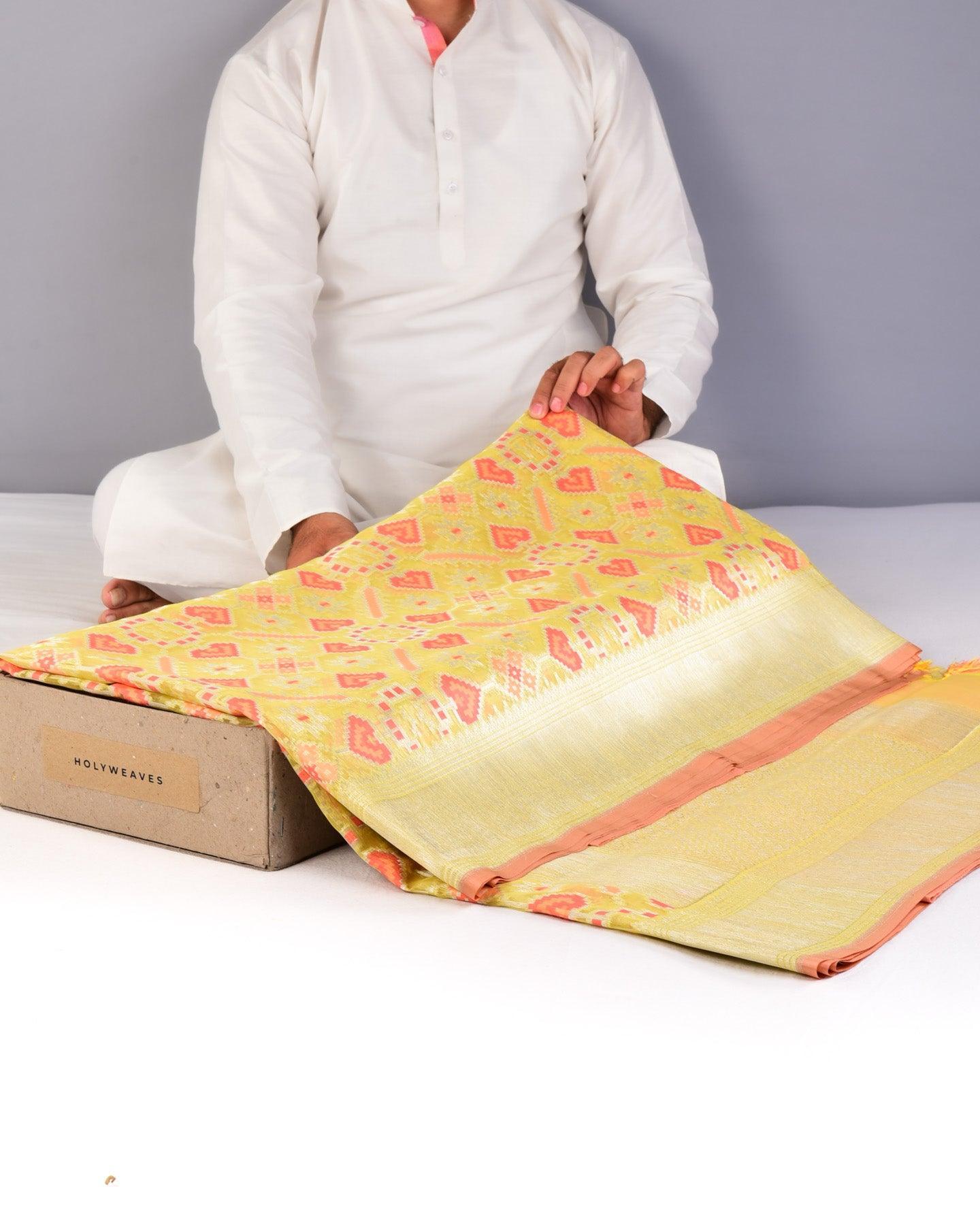 Yellow Banarasi Patola Tehri Cutwork Brocade Handwoven Kora Silk Saree - By HolyWeaves, Benares