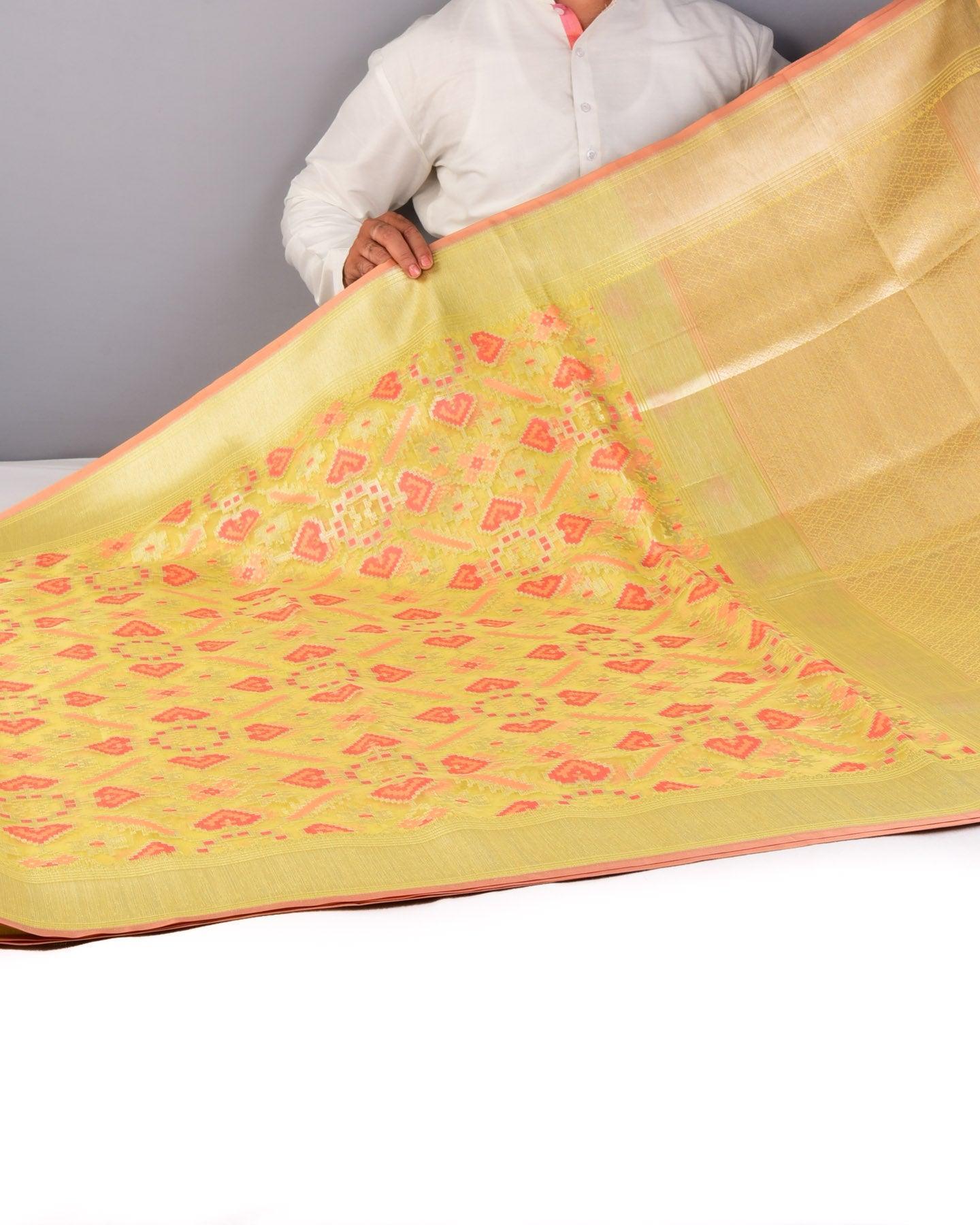 Yellow Banarasi Patola Tehri Cutwork Brocade Handwoven Kora Silk Saree - By HolyWeaves, Benares
