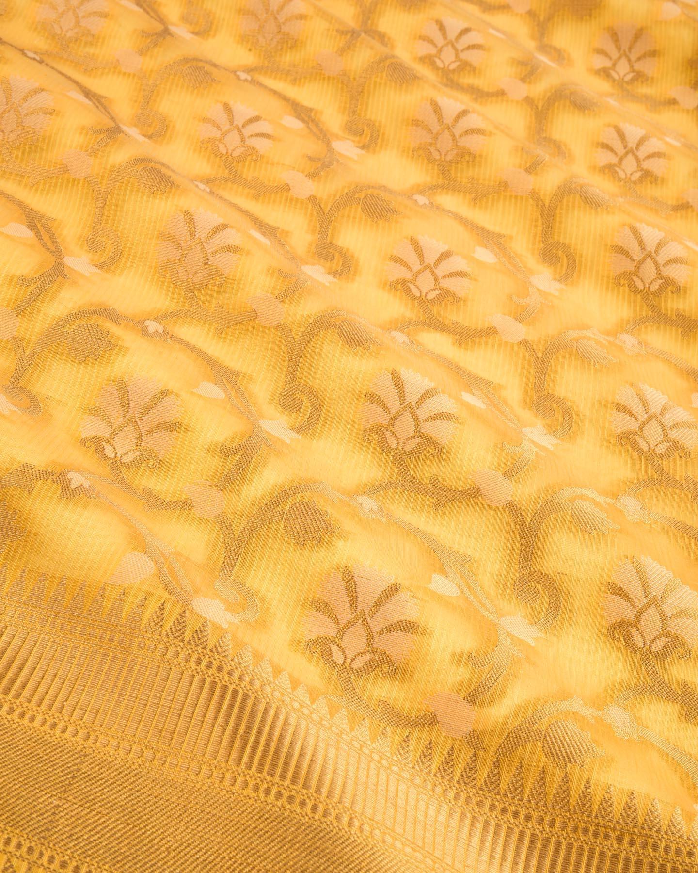 Yellow Banarasi Resham and Zari Jaal Strip Textured Cutwork Brocade Woven Blended Cotton Silk Saree - By HolyWeaves, Benares