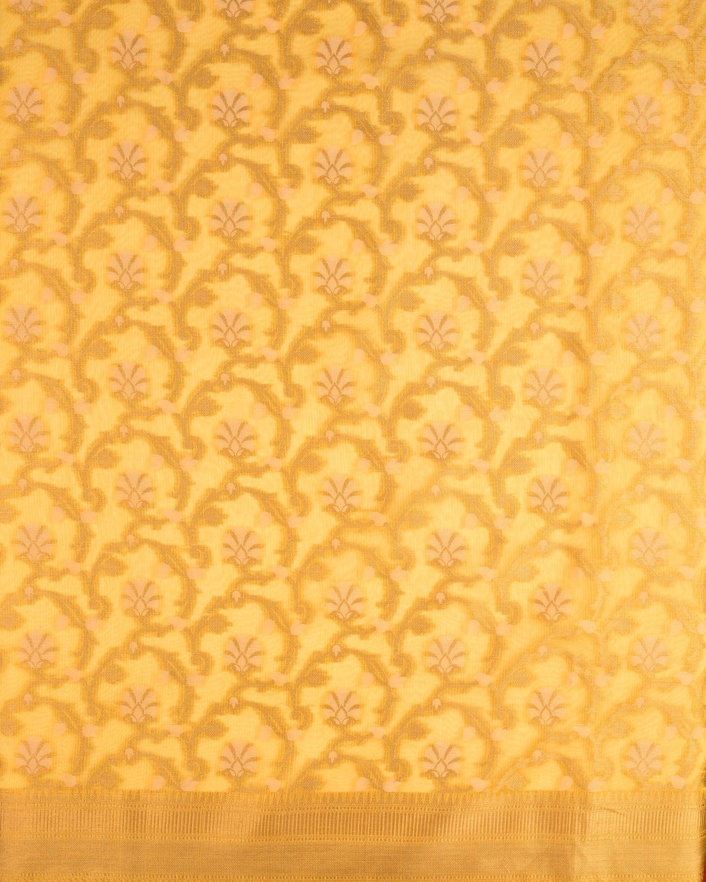 Yellow Banarasi Resham and Zari Jaal Strip Textured Cutwork Brocade Woven Blended Cotton Silk Saree - By HolyWeaves, Benares