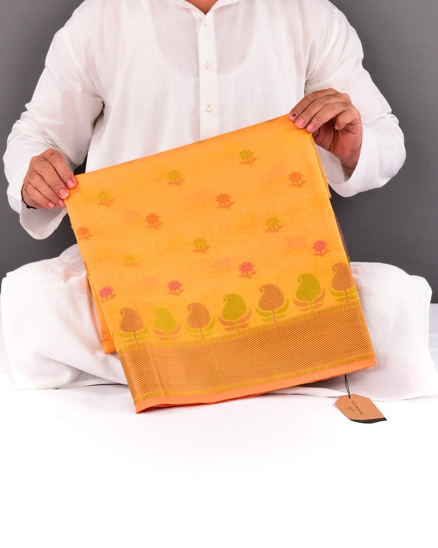 Yellow Banarasi Resham Buti Cutwork Brocade Woven Cotton Silk Saree with Paisley Border - By HolyWeaves, Benares